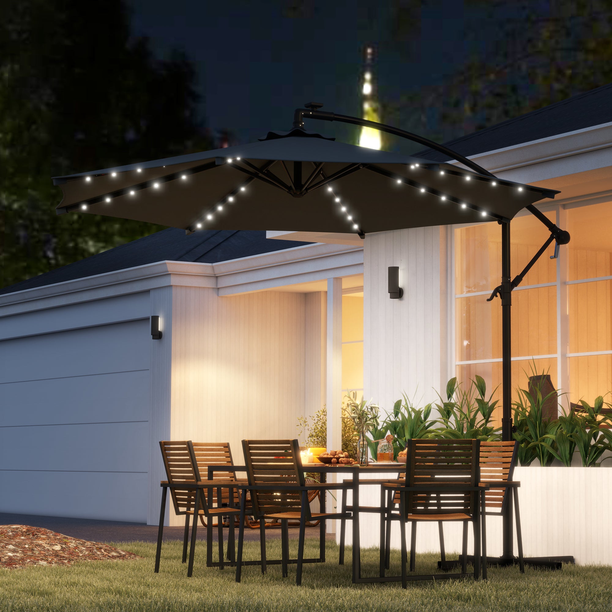 Outsunny Parasol Excéntrico Ø 294 cm Sombrilla de Jardín con 32 Luces LED Solares Base Cruzada Manivela Ventilación Superior Funda para Sombrilla Anti-UV 30+ para Terraza Patio Gris Oscuro