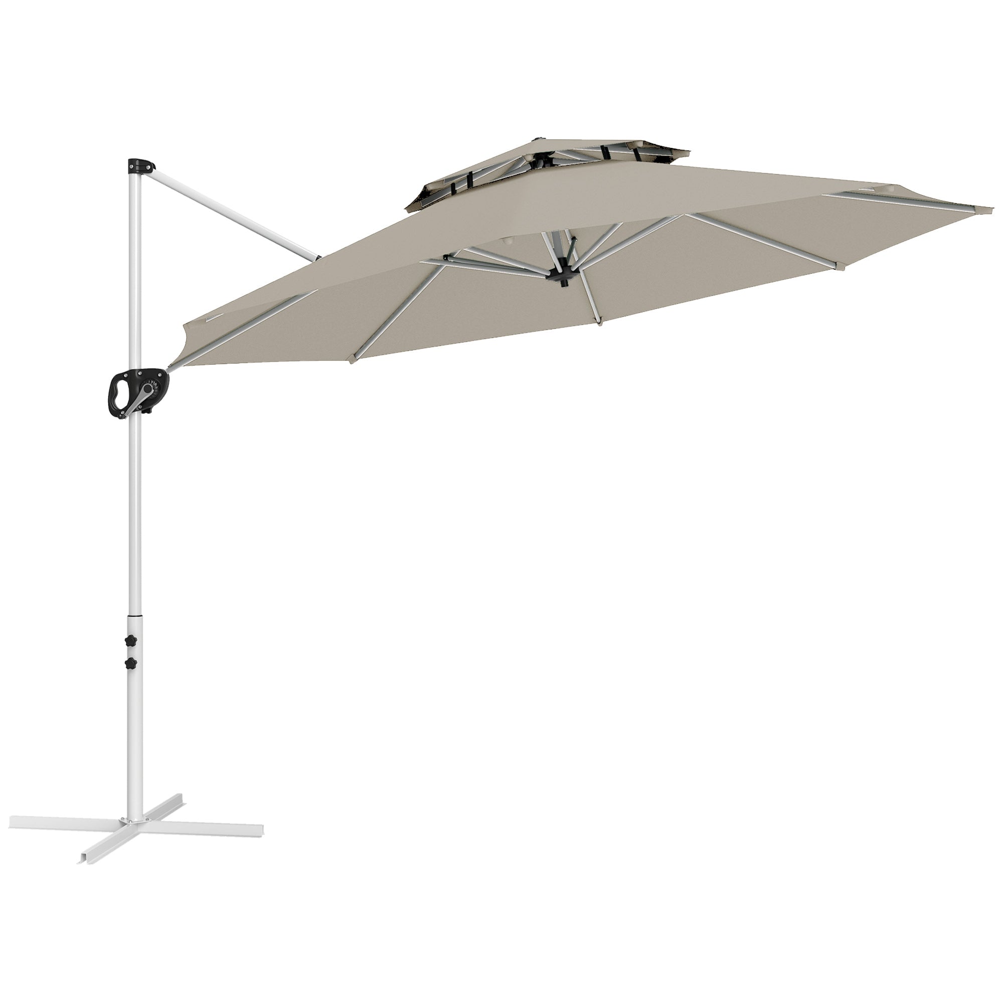Outsunny Sombrilla de Jardín Ø292 cm Parasol Excéntrico con Manivela Giratorio 360° Inclinación Ajustable Doble Techo y Base Cruzada Sombrilla para Terraza Exterior Patio Gris Claro