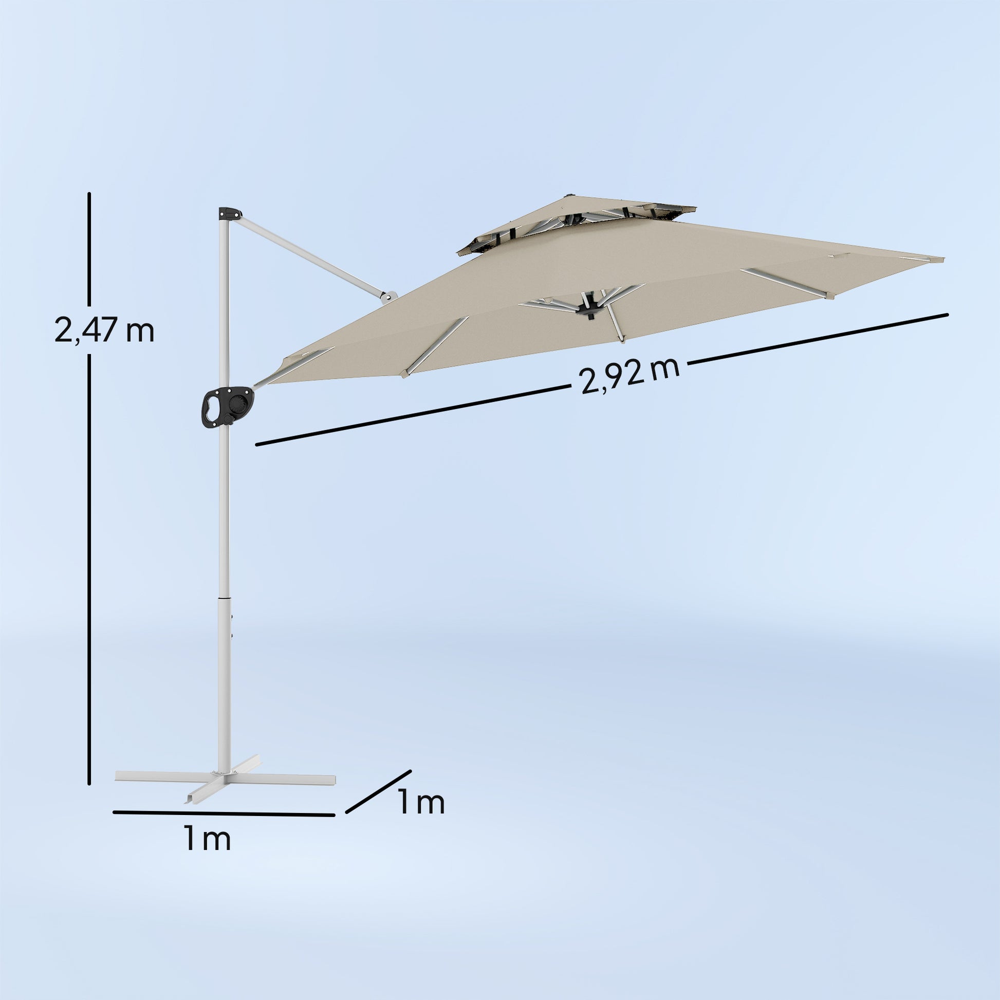 Outsunny Sombrilla de Jardín Ø292 cm Parasol Excéntrico con Manivela Giratorio 360° Inclinación Ajustable Doble Techo y Base Cruzada Sombrilla para Terraza Exterior Patio Gris Claro