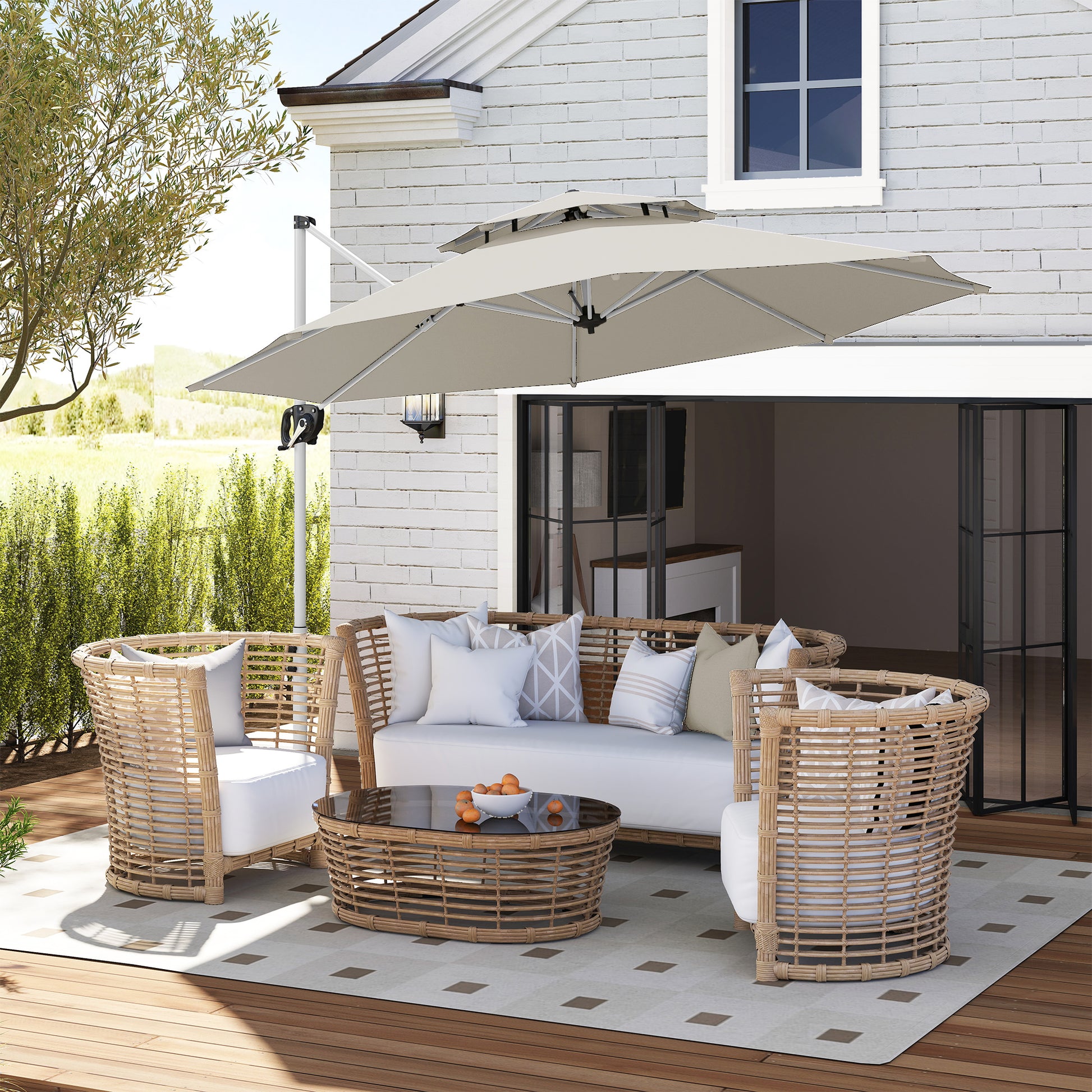 Outsunny Sombrilla de Jardín Ø292 cm Parasol Excéntrico con Manivela Giratorio 360° Inclinación Ajustable Doble Techo y Base Cruzada Sombrilla para Terraza Exterior Patio Gris Claro