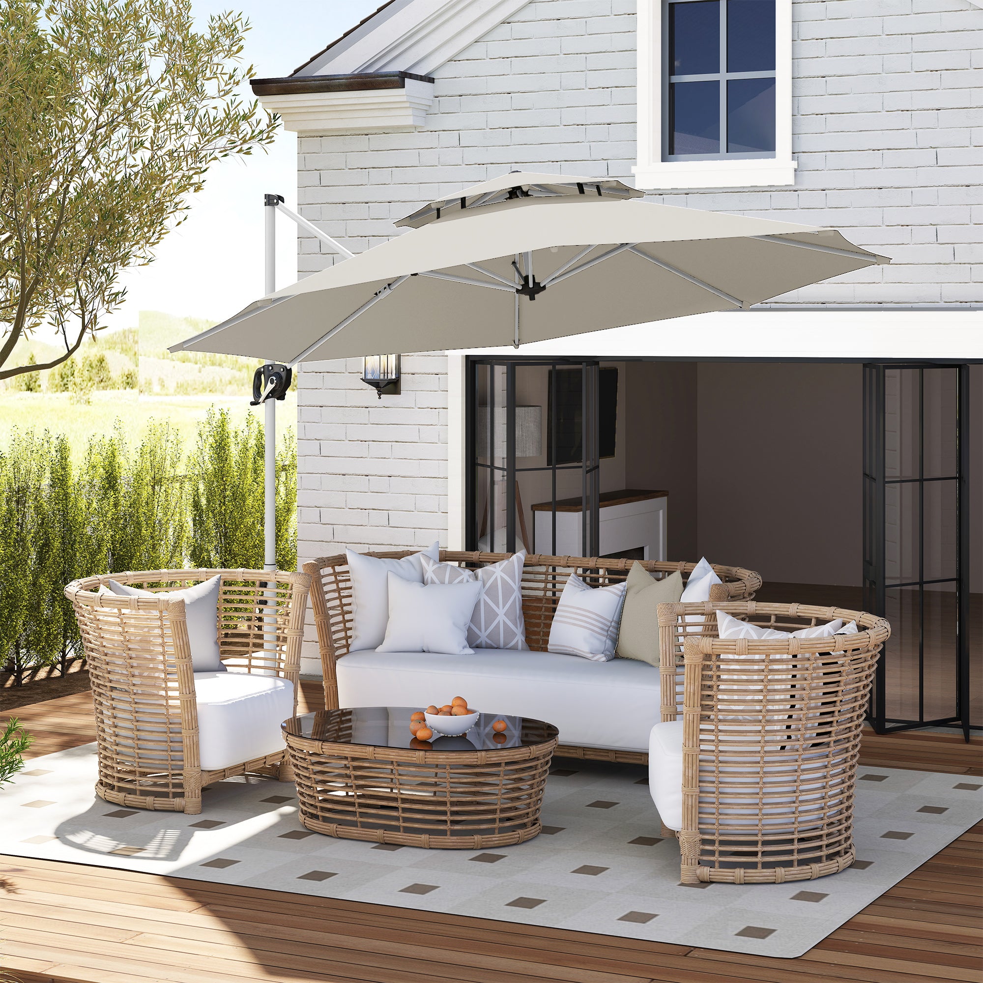 Outsunny Sombrilla de Jardín Ø292 cm Parasol Excéntrico con Manivela Giratorio 360° Inclinación Ajustable Doble Techo y Base Cruzada Sombrilla para Terraza Exterior Patio Gris Claro