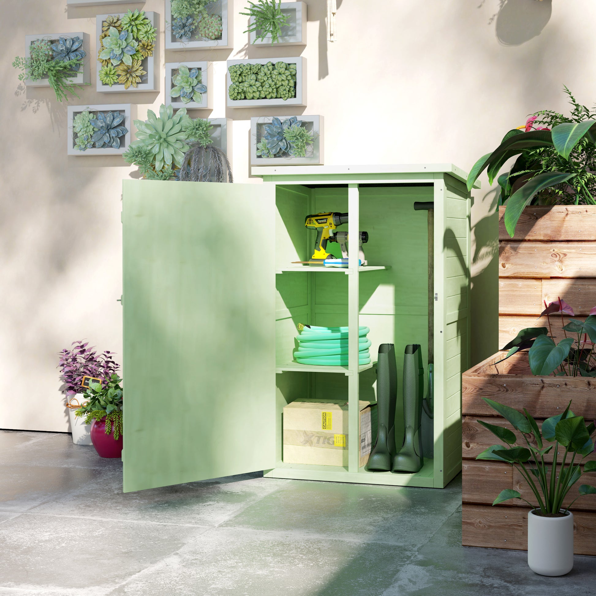 Outsunny Caseta de Jardín de Madera 75x56x115 cm Armario Cobertizo de Exterior para Herramientas con 3 Estantes Interiores Puerta con Pestillo y Techo Asfáltico Verde
