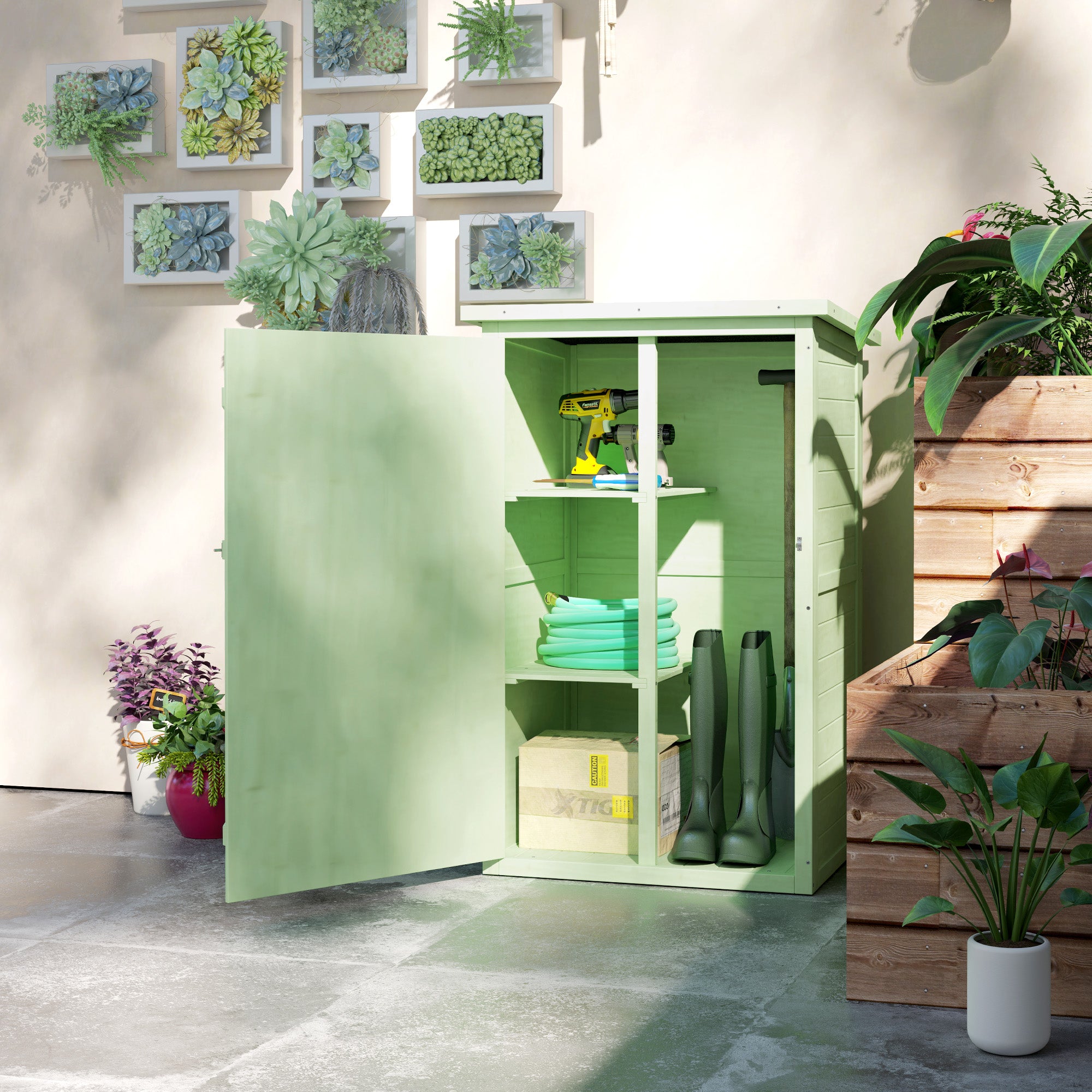Outsunny Caseta de Jardín de Madera 75x56x115 cm Armario Cobertizo de Exterior para Herramientas con 3 Estantes Interiores Puerta con Pestillo y Techo Asfáltico Verde