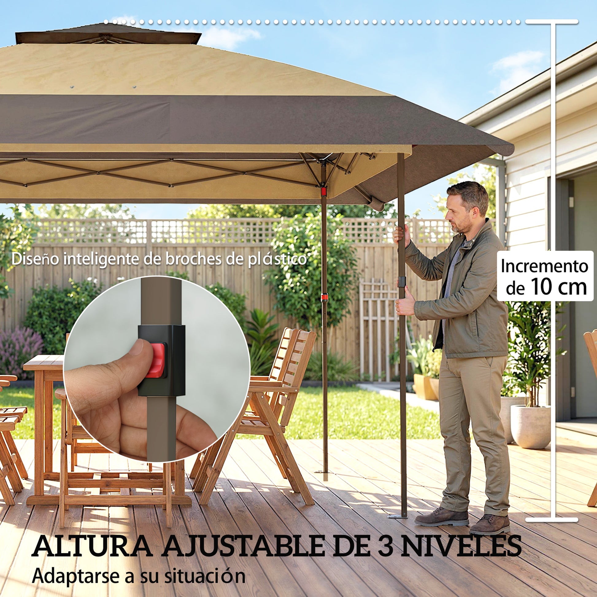 Outsunny Carpa Plegable 4x4 m, Pop-up, con Doble Techo, 4 Paredes Laterales de Malla, Cenador de Jardín con Altura Ajustable 3 Niveles, Bolsa de Transporte, UPF30+, Gazebo para Camping, Fiestas, Caqui