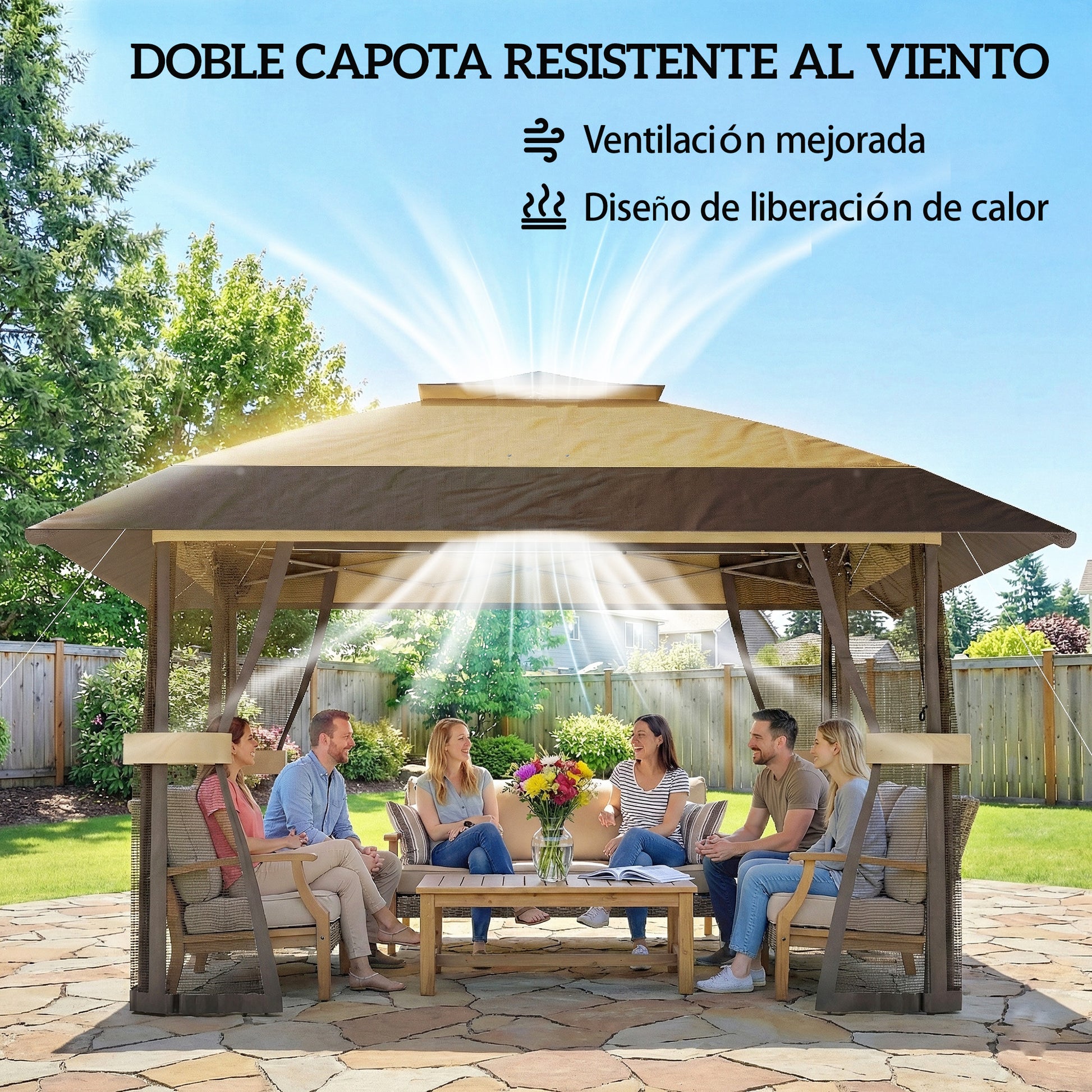 Outsunny Carpa Plegable 4x4 m, Pop-up, con Doble Techo, 4 Paredes Laterales de Malla, Cenador de Jardín con Altura Ajustable 3 Niveles, Bolsa de Transporte, UPF30+, Gazebo para Camping, Fiestas, Caqui