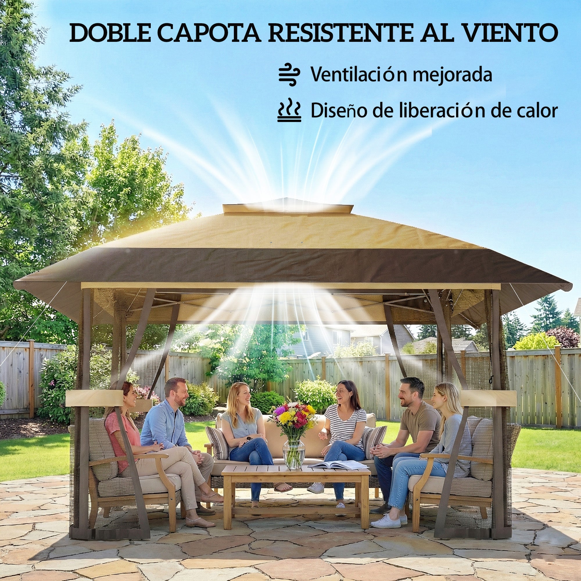 Outsunny Carpa Plegable 4x4 m, Pop-up, con Doble Techo, 4 Paredes Laterales de Malla, Cenador de Jardín con Altura Ajustable 3 Niveles, Bolsa de Transporte, UPF30+, Gazebo para Camping, Fiestas, Caqui