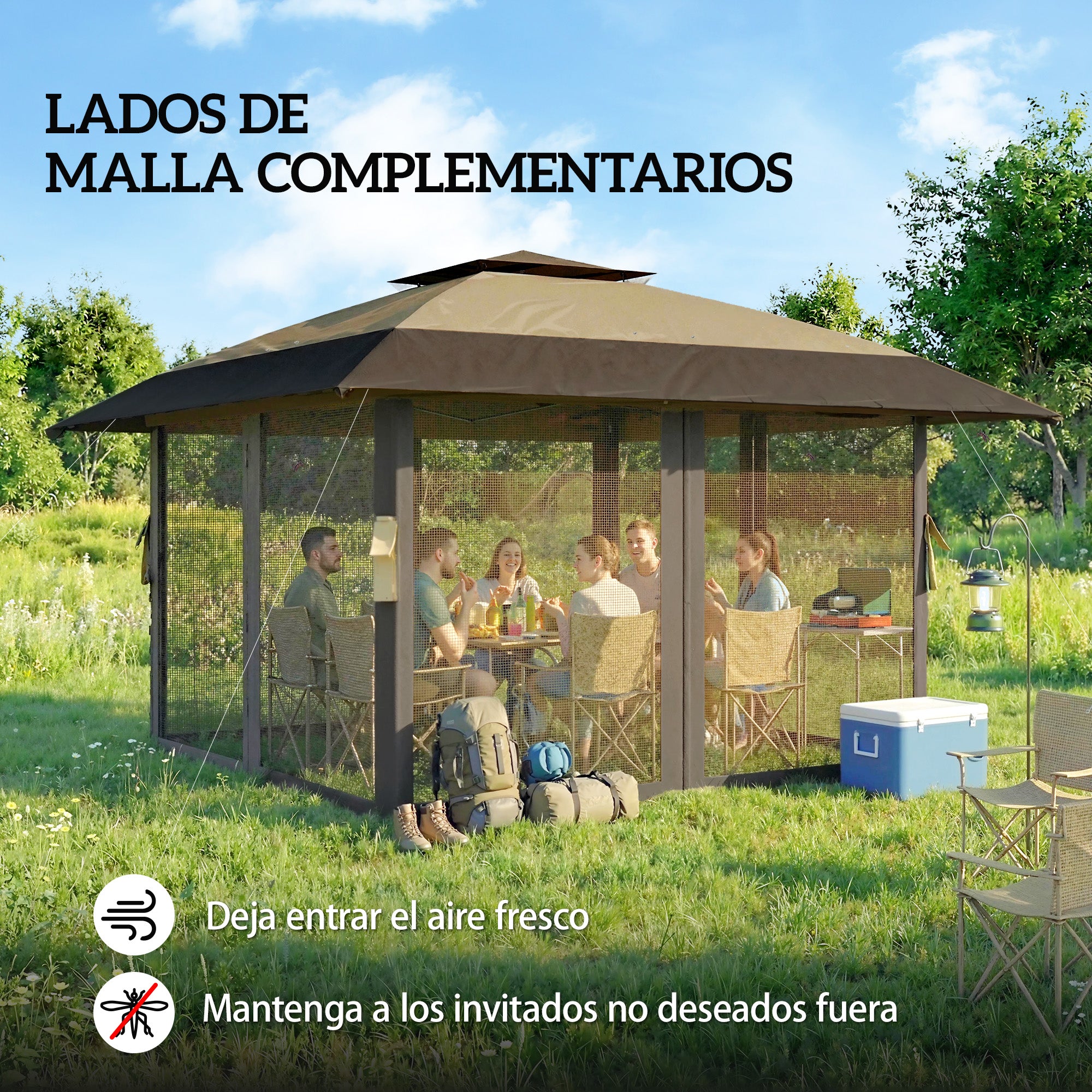 Outsunny Carpa Plegable 4x4 m, Pop-up, con Doble Techo, 4 Paredes Laterales de Malla, Cenador de Jardín con Altura Ajustable 3 Niveles, Bolsa de Transporte, UPF30+, Gazebo para Camping, Fiestas, Caqui