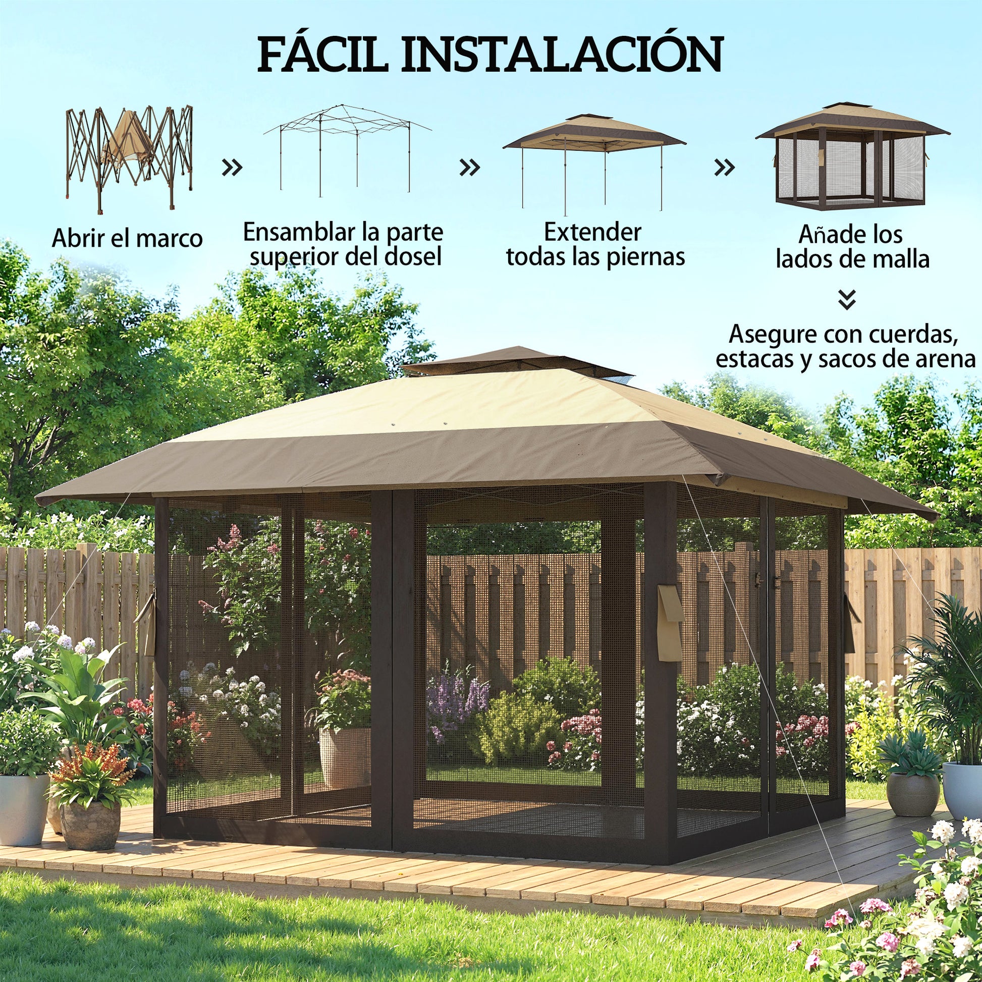 Outsunny Carpa Plegable 4x4 m, Pop-up, con Doble Techo, 4 Paredes Laterales de Malla, Cenador de Jardín con Altura Ajustable 3 Niveles, Bolsa de Transporte, UPF30+, Gazebo para Camping, Fiestas, Caqui