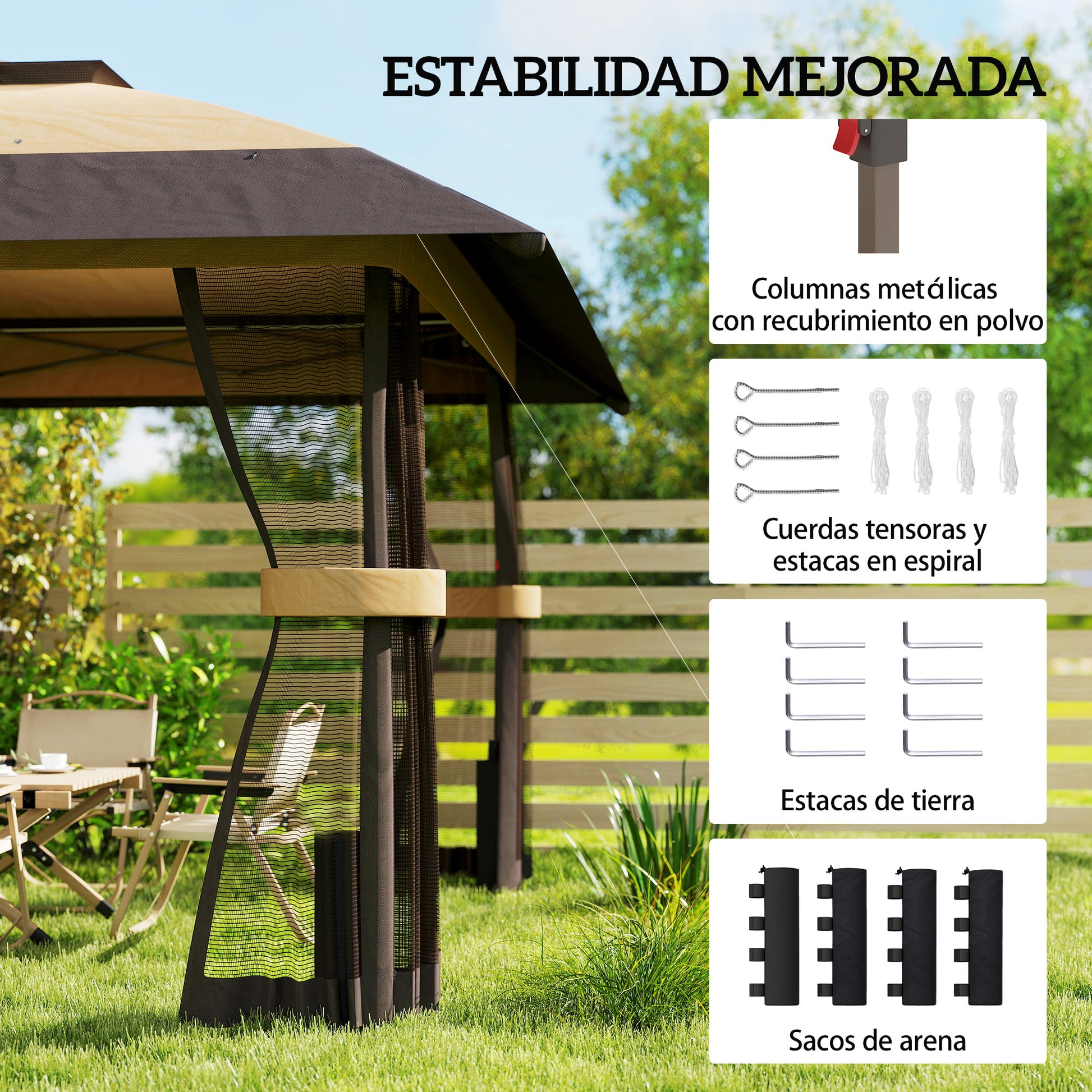 Outsunny Carpa Plegable 4x4 m, Pop-up, con Doble Techo, 4 Paredes Laterales de Malla, Cenador de Jardín con Altura Ajustable 3 Niveles, Bolsa de Transporte, UPF30+, Gazebo para Camping, Fiestas, Caqui