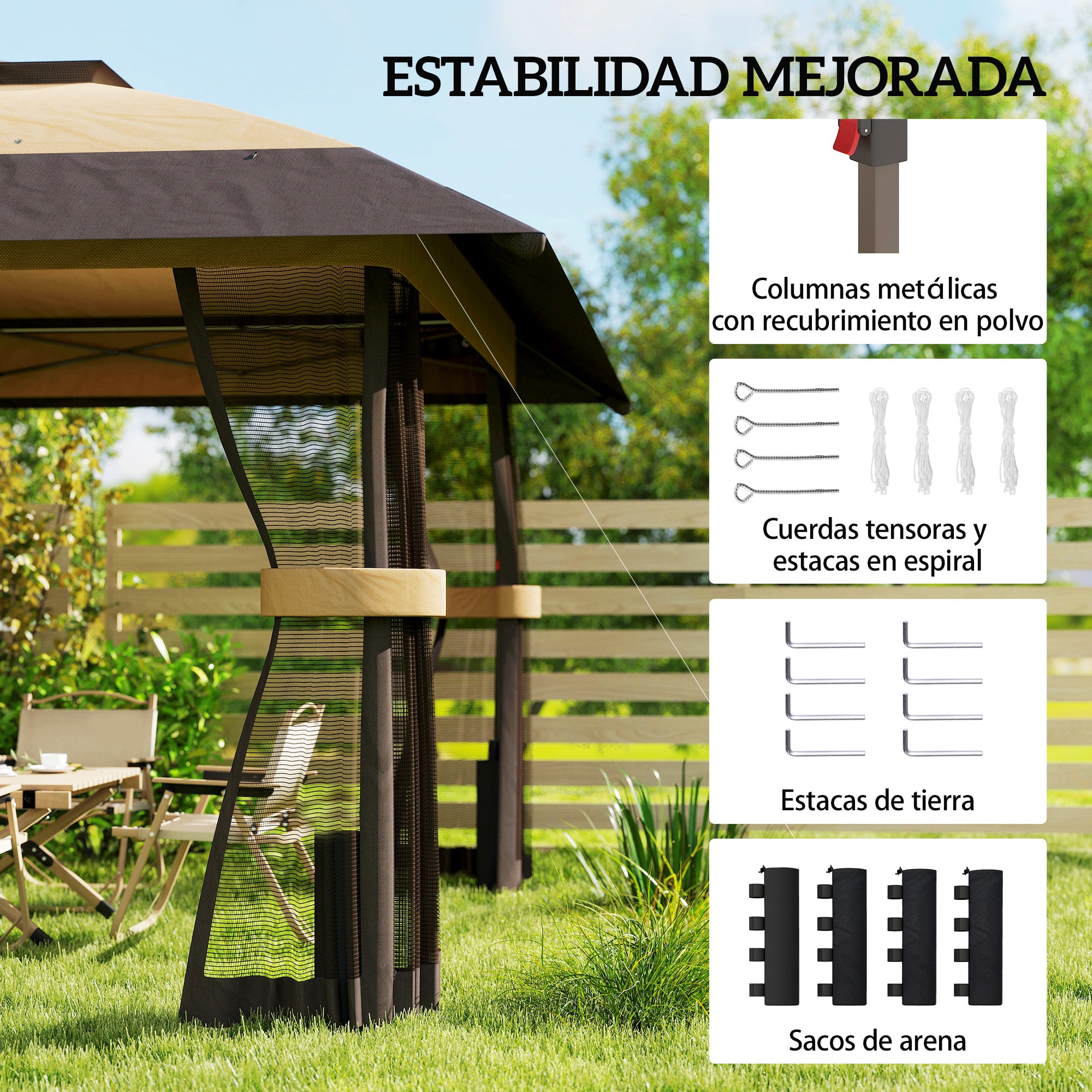 Outsunny Carpa Plegable 4x4 m, Pop-up, con Doble Techo, 4 Paredes Laterales de Malla, Cenador de Jardín con Altura Ajustable 3 Niveles, Bolsa de Transporte, UPF30+, Gazebo para Camping, Fiestas, Caqui