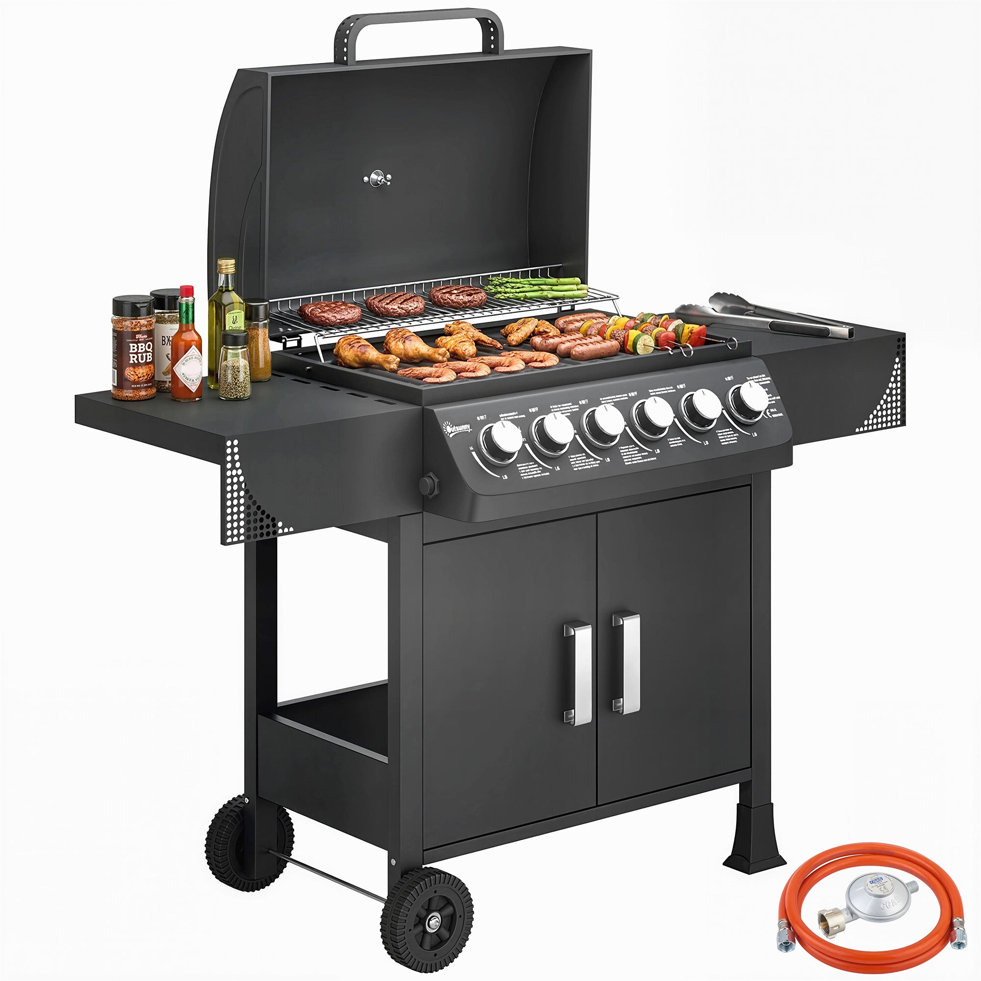 Outsunny Barbacoa de Gas BBQ Gas con 6 Quemadores 15 kW, Barbacoa Portátil con Termómetro, Mesas Laterales, Armario, Rejilla Calentadora, Parrilla, Recogedor de Grasa, 2 Ruedas y Tapa, Negro
