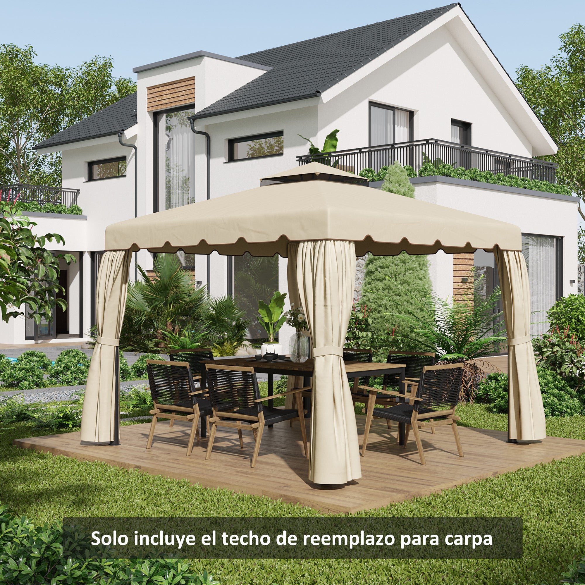 Outsunny Techo de Repuesto para Cenador 3x3 m Cubierta de Repuesto con Techo Doble con 8 Orificios de Drenaje Toldo de Recambio para Pabellón Gazebo Beige
