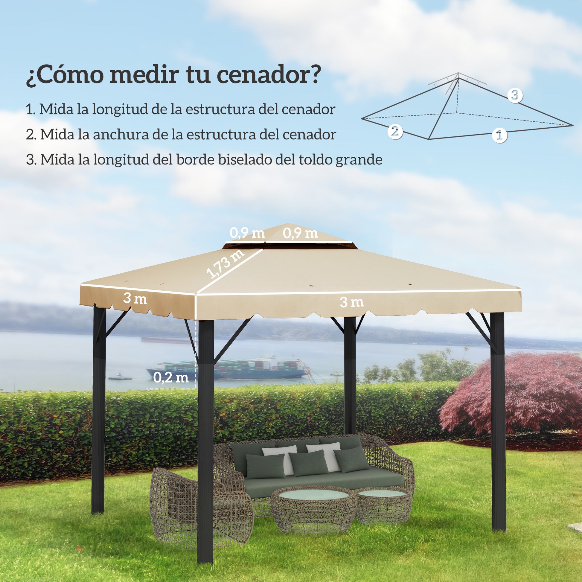 Outsunny Techo de Repuesto para Cenador 3x3 m Cubierta de Repuesto con Techo Doble con 8 Orificios de Drenaje Toldo de Recambio para Pabellón Gazebo Beige