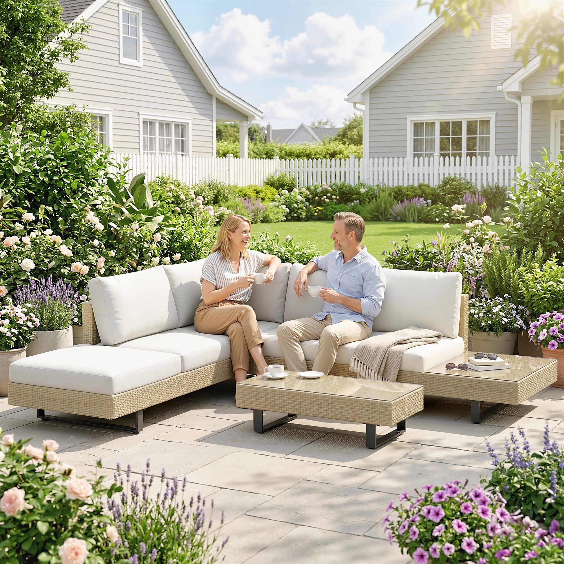Outsunny Conjunto de Jardín de Ratán de 3 Piezas, Conjunto Terraza Resistente, Muebles Jardín Exterior Incluye Cojines, Sofá de 3 Plazas, Sofá de 2 Plazas con Mesa Lateral, Mesa Centro de Vidrio Beige