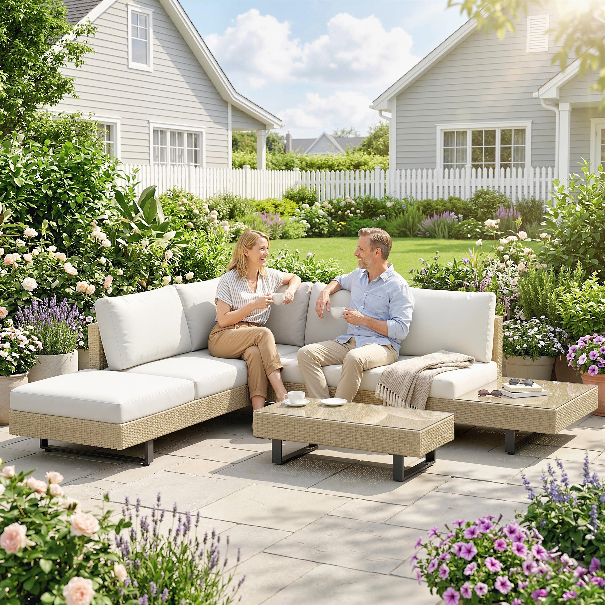 Outsunny Conjunto de Jardín de Ratán de 3 Piezas, Conjunto Terraza Resistente, Muebles Jardín Exterior Incluye Cojines, Sofá de 3 Plazas, Sofá de 2 Plazas con Mesa Lateral, Mesa Centro de Vidrio Beige