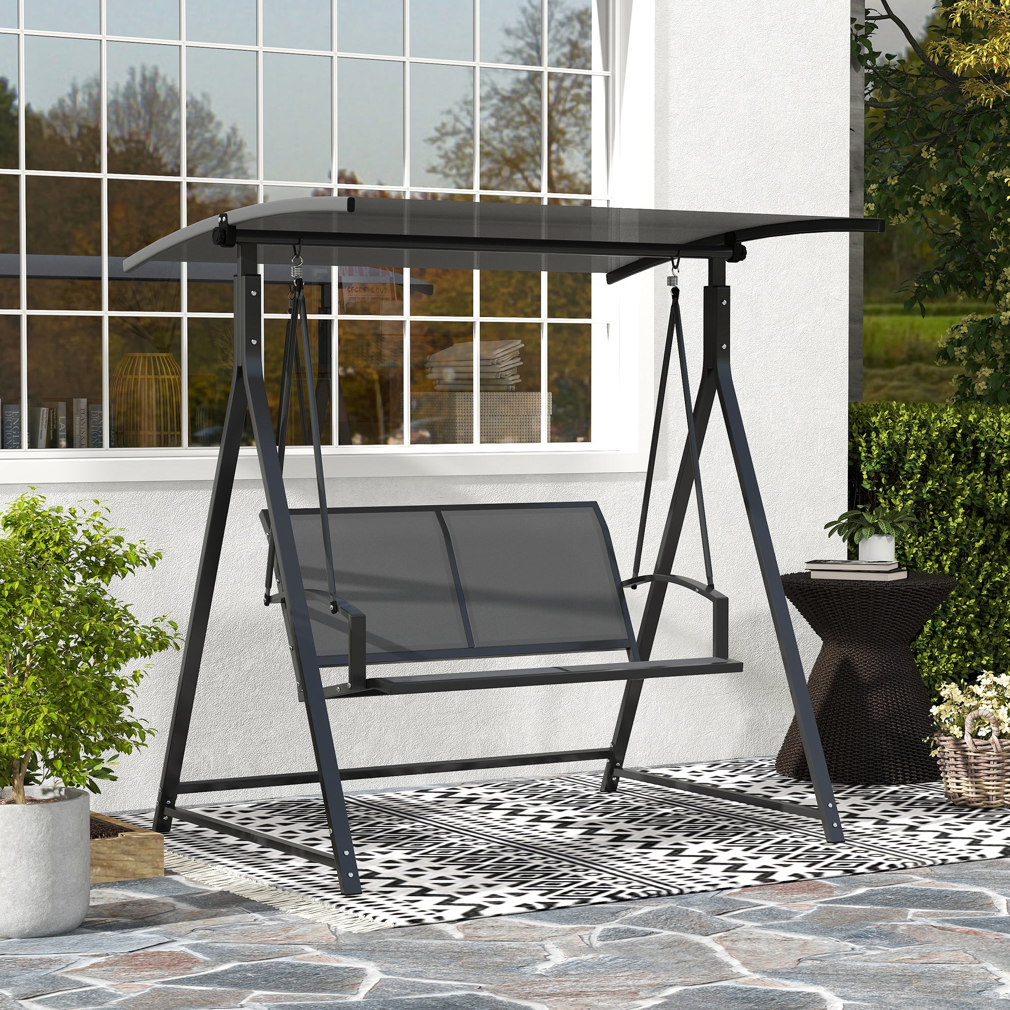 Outsunny Columpio de Jardín Exterior de 2 Plazas Balancín de Jardín Exterior con Toldo Ajustable 90° Protección UV 30+ y Estructura Triangular de Metal Carga 220 kg 160x112x162 cm Gris Oscuro