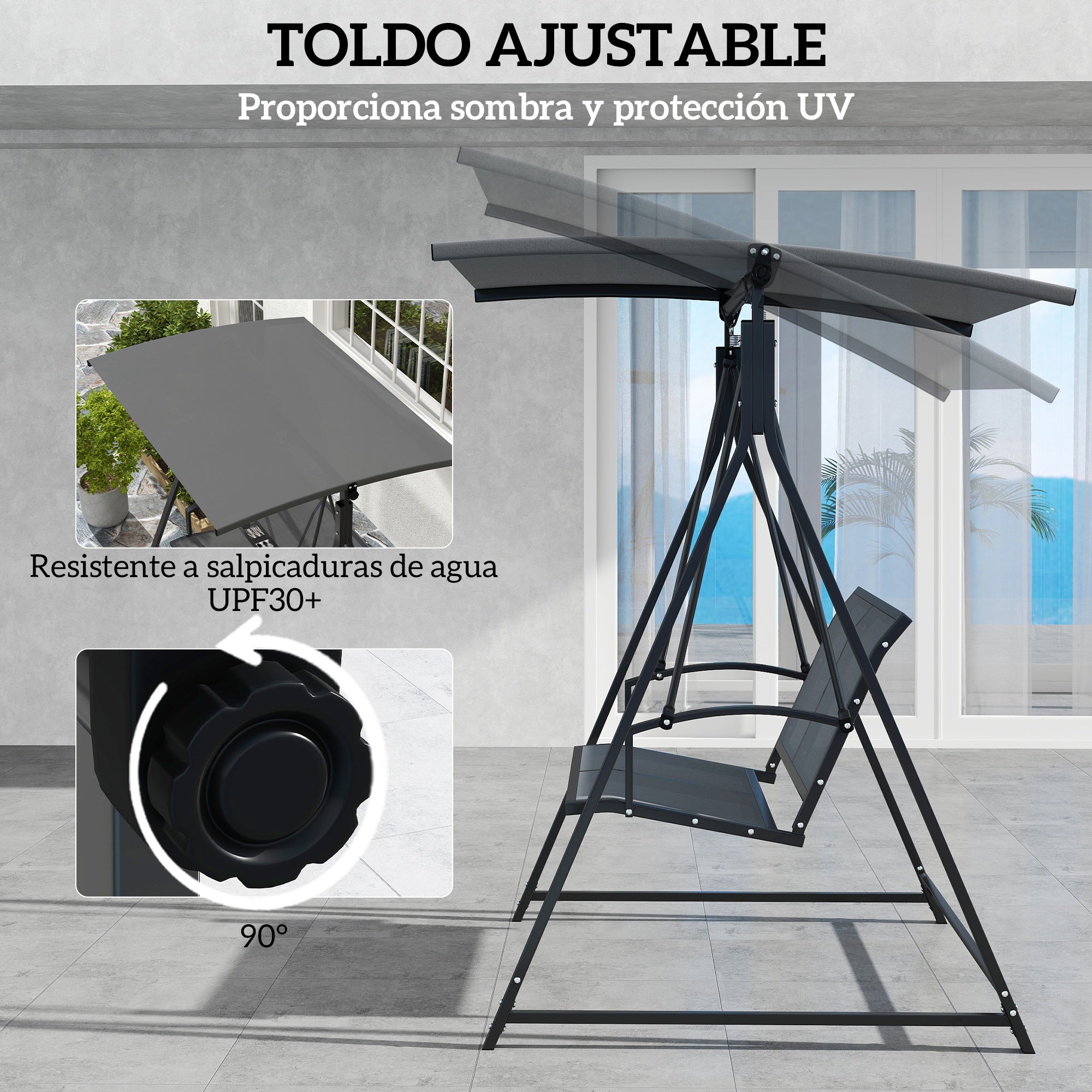 Outsunny Columpio de Jardín Exterior de 2 Plazas Balancín de Jardín Exterior con Toldo Ajustable 90° Protección UV 30+ y Estructura Triangular de Metal Carga 220 kg 160x112x162 cm Gris Oscuro