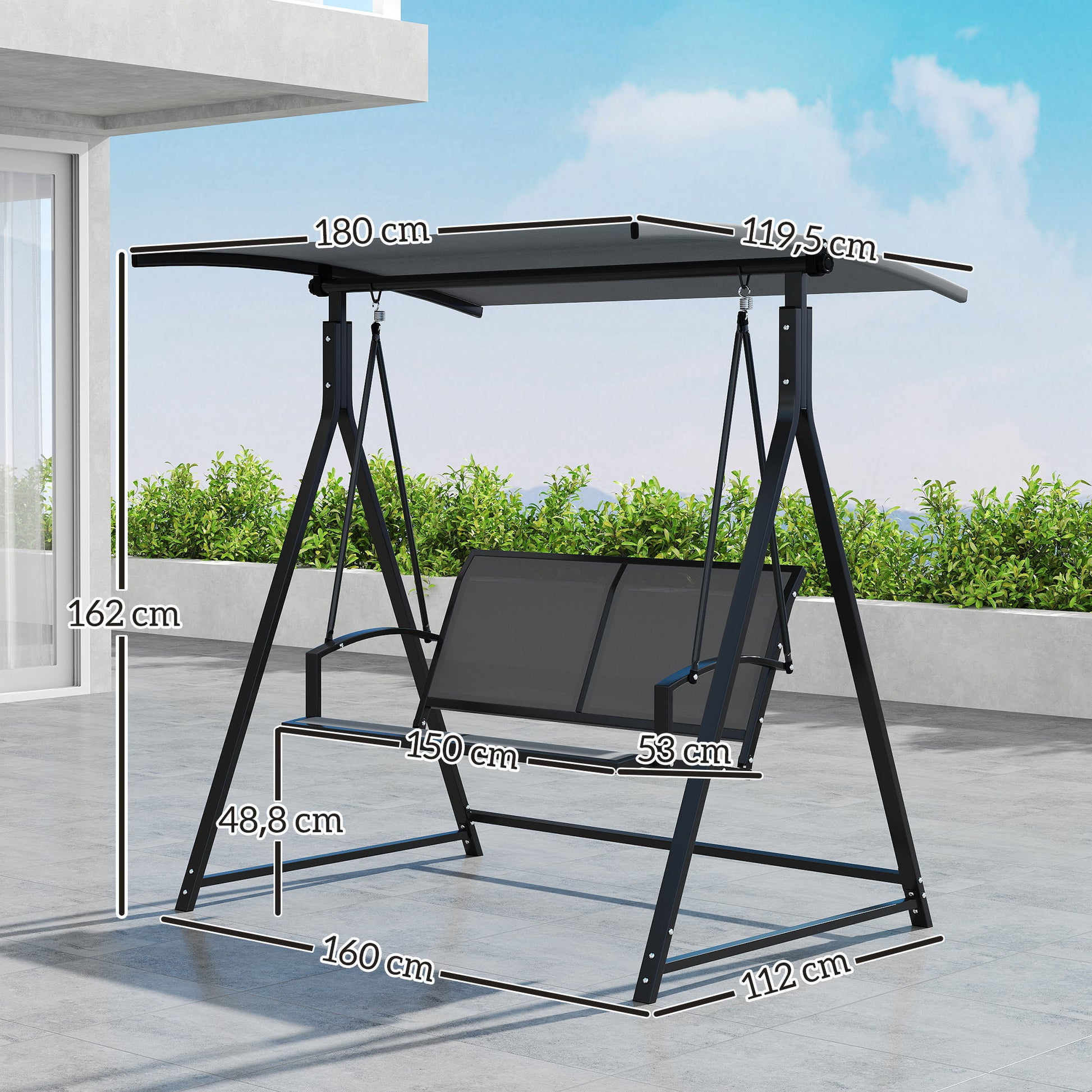 Outsunny Columpio de Jardín Exterior de 2 Plazas Balancín de Jardín Exterior con Toldo Ajustable 90° Protección UV 30+ y Estructura Triangular de Metal Carga 220 kg 160x112x162 cm Gris Oscuro