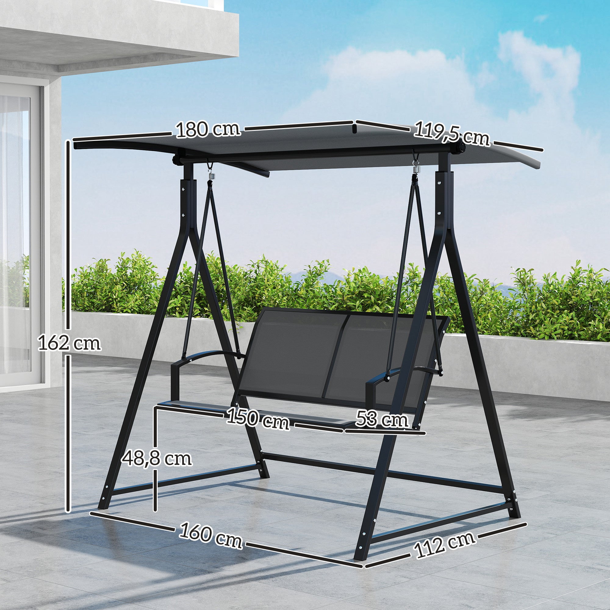 Outsunny Columpio de Jardín Exterior de 2 Plazas Balancín de Jardín Exterior con Toldo Ajustable 90° Protección UV 30+ y Estructura Triangular de Metal Carga 220 kg 160x112x162 cm Gris Oscuro
