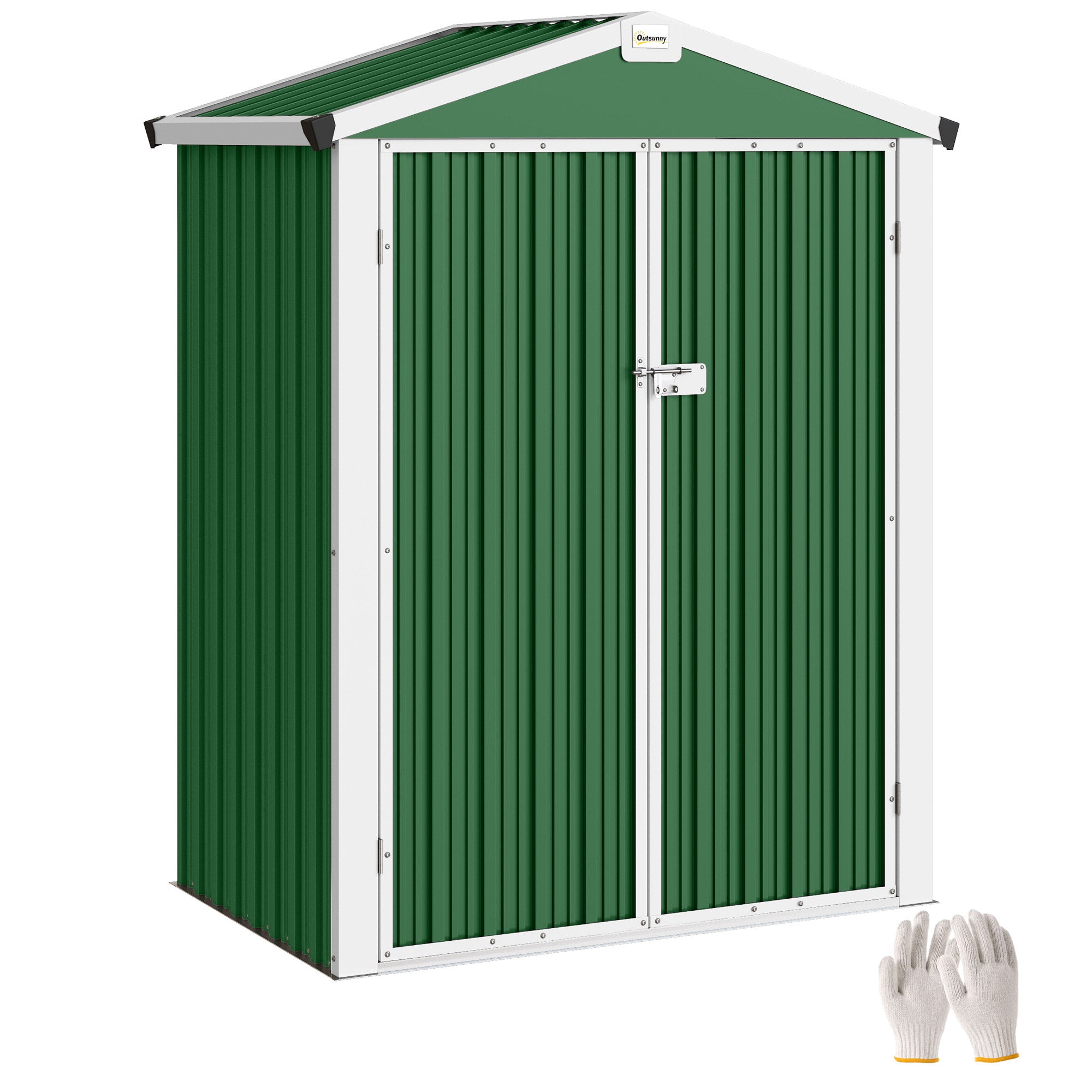 Outsunny Caseta de Jardín Exterior 1,1 m², 133x87x178 cm, Cobertizo de Jardín Exterior Metálico con Puertas Correderas, Techo Inclinado y Guantes, para Almacenaje de Herramientas Bicicletas, Verde