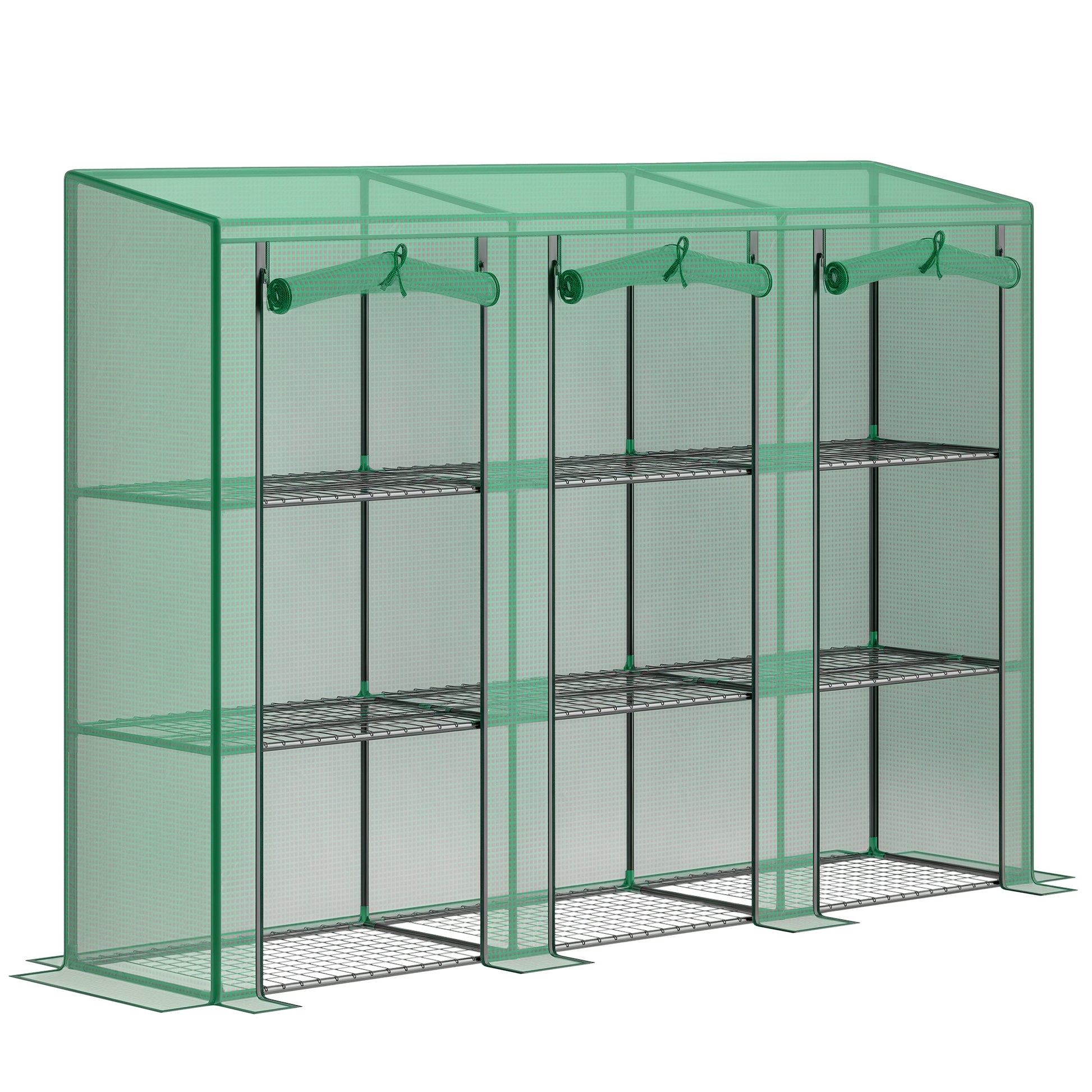 Outsunny Invernadero de Exterior de 3 Niveles Invernadero de Jardín con 9 Estantes Puerta Enrollable con Cremallera Marco de Acero Cubierta de PE 140g/m² Anti-UV para Terraza 215x46x151cm Verde
