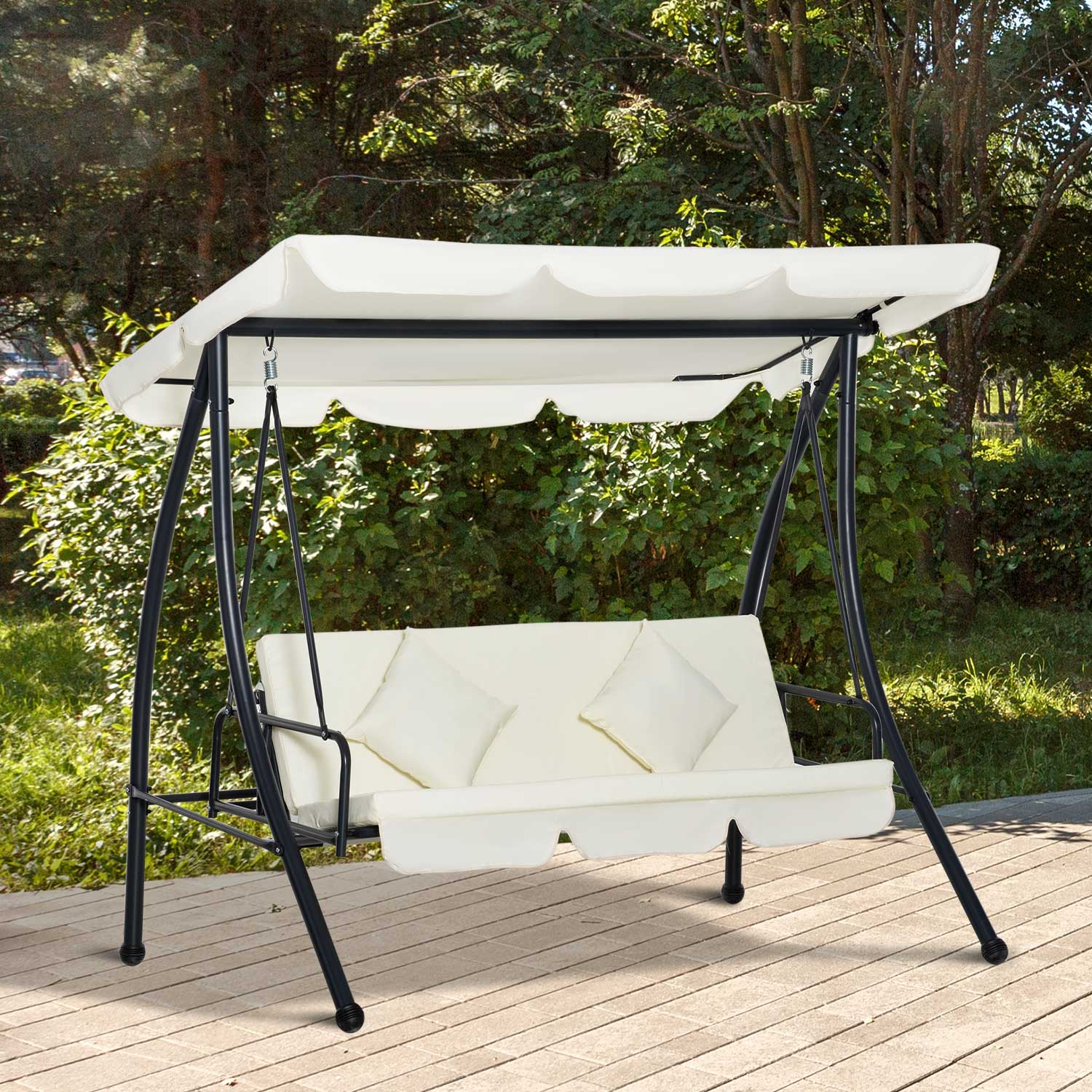 Outsunny Columpio Balancín Jardín de 3 Plazas Convertible en Cama con Techo Ajustable Cojín Acolchado y Almohadas para Balcón Terraza Carga 340 kg Acero 200x125x170 cm Crema