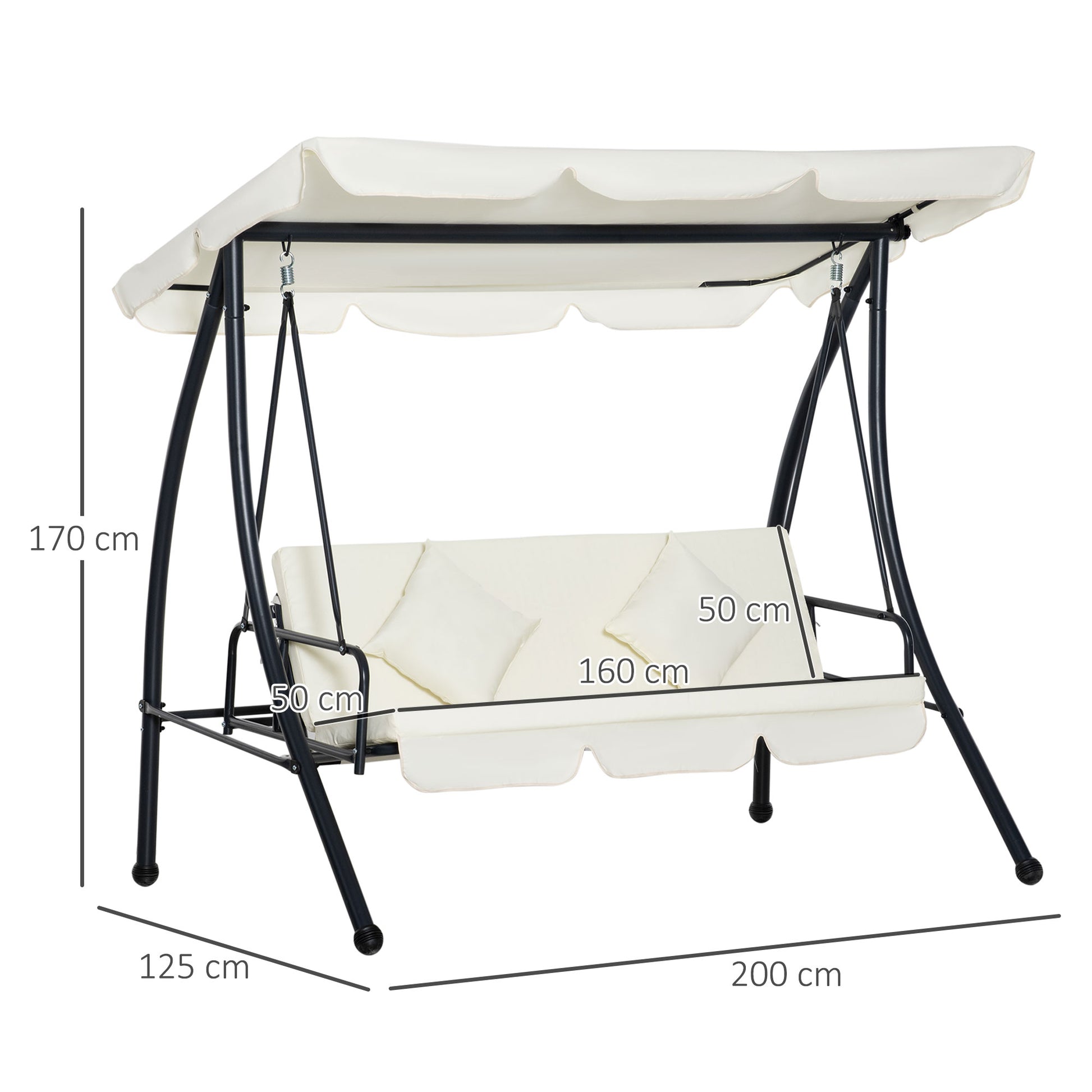 Outsunny Columpio Balancín Jardín de 3 Plazas Convertible en Cama con Techo Ajustable Cojín Acolchado y Almohadas para Balcón Terraza Carga 340 kg Acero 200x125x170 cm Crema