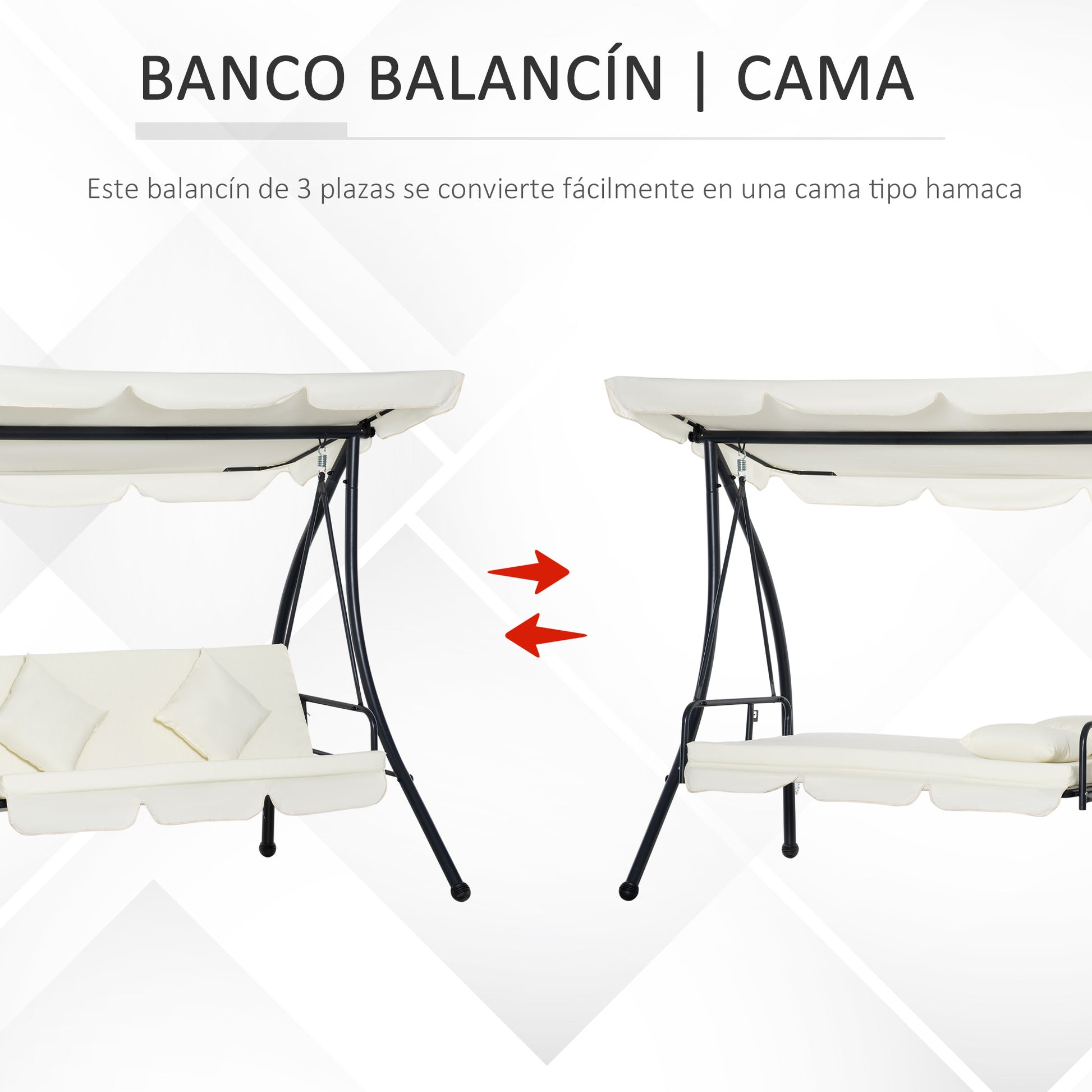 Outsunny Columpio Balancín Jardín de 3 Plazas Convertible en Cama con Techo Ajustable Cojín Acolchado y Almohadas para Balcón Terraza Carga 340 kg Acero 200x125x170 cm Crema