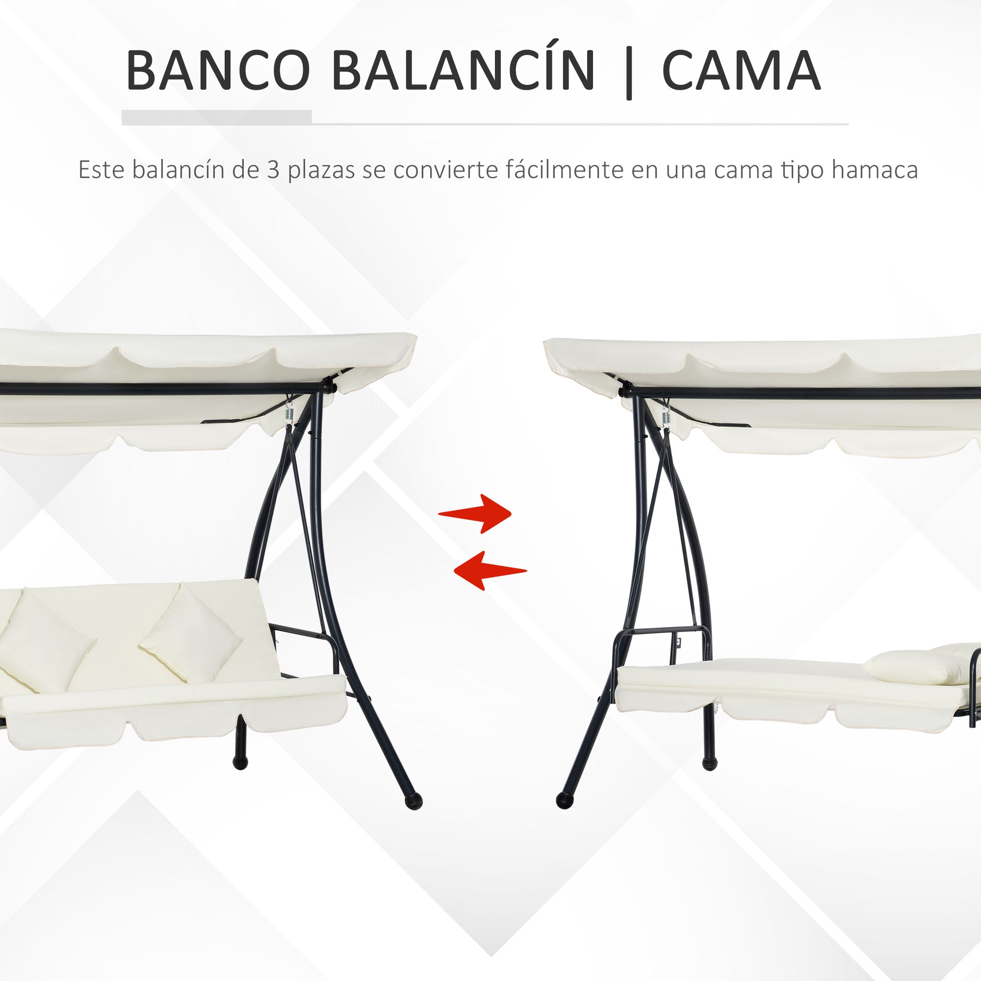 Outsunny Columpio Balancín Jardín de 3 Plazas Convertible en Cama con Techo Ajustable Cojín Acolchado y Almohadas para Balcón Terraza Carga 340 kg Acero 200x125x170 cm Crema