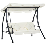 Outsunny Columpio Balancín Jardín de 3 Plazas Convertible en Cama con Techo Ajustable Cojín Acolchado y Almohadas para Balcón Terraza Carga 340 kg Acero 200x125x170 cm Crema