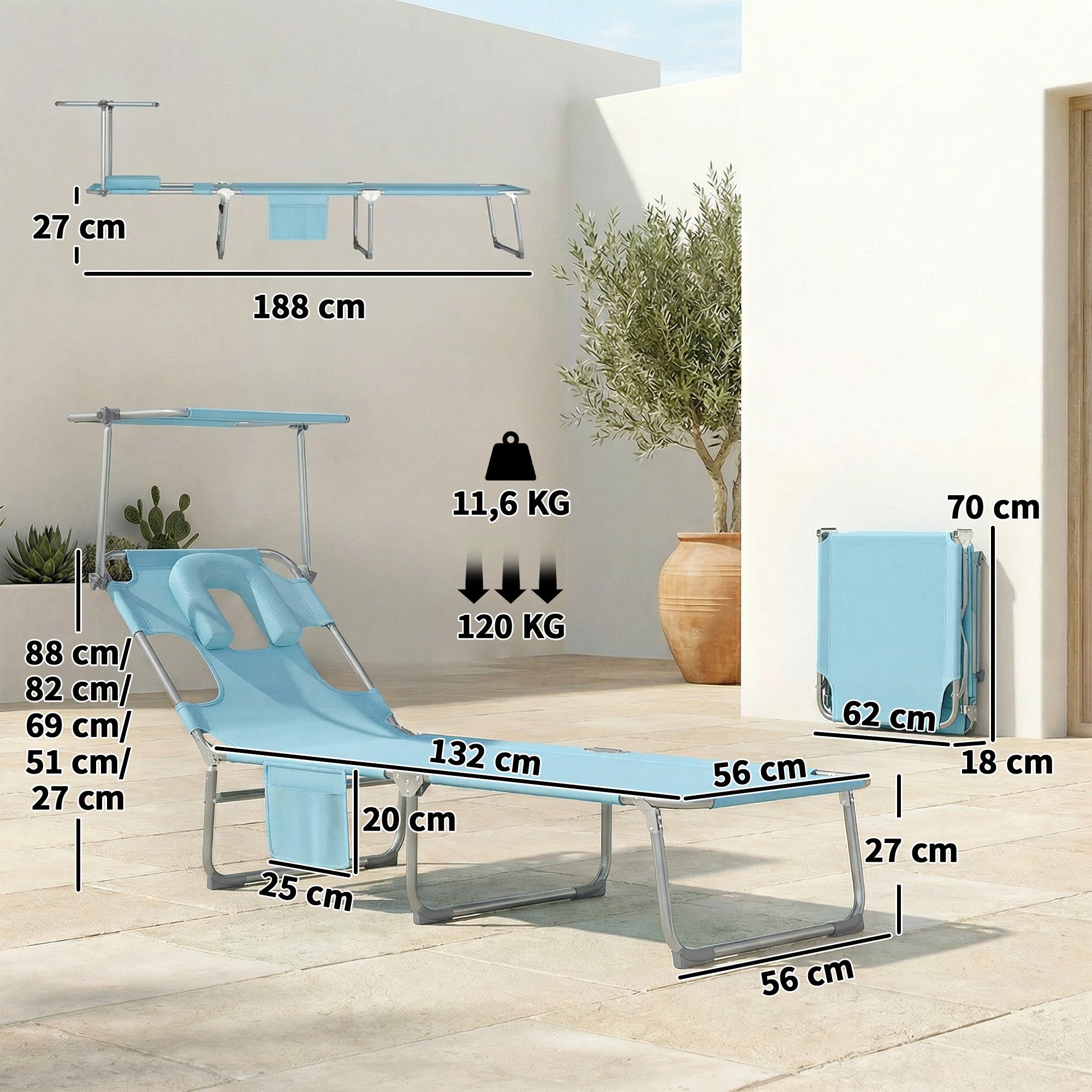 Outsunny Set de 2 Tumbonas Jardín Exterior, Tumbonas Plegables con Reposacabezas, Dosel 360°, Orificio Facial, Bolsillo Lateral, Respaldo Reclinable 5 Posiciones y Textilene 550 g/m² para Playa, Azul
