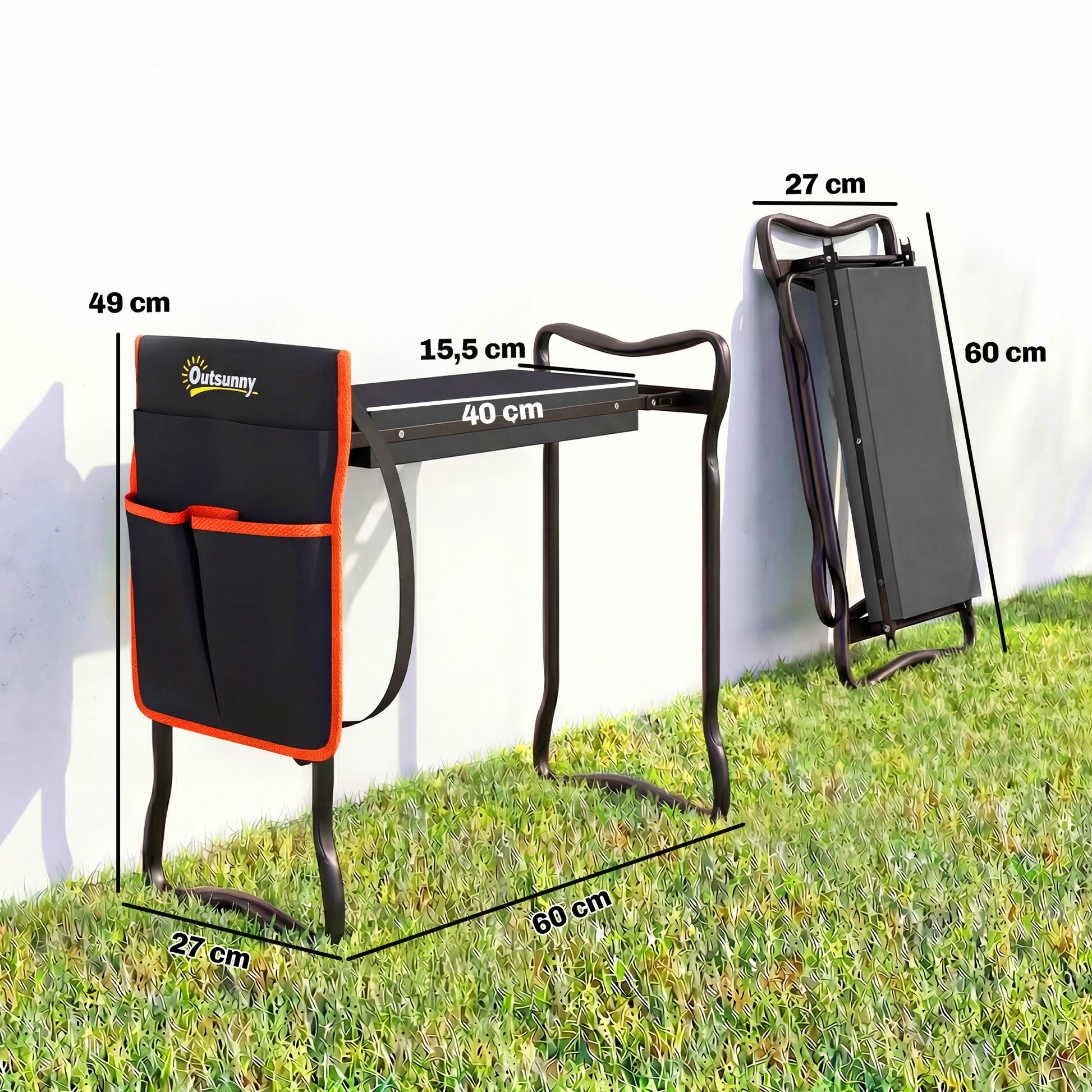Outsunny Taburete de Jardín Plegable con Almohadilla de Espuma EVA, Asiento de Jardín Portátil con Bolsa para Herramientas en Cintura, Carga 150 kg, Regalo para Jardineros, Ancianos, Negro