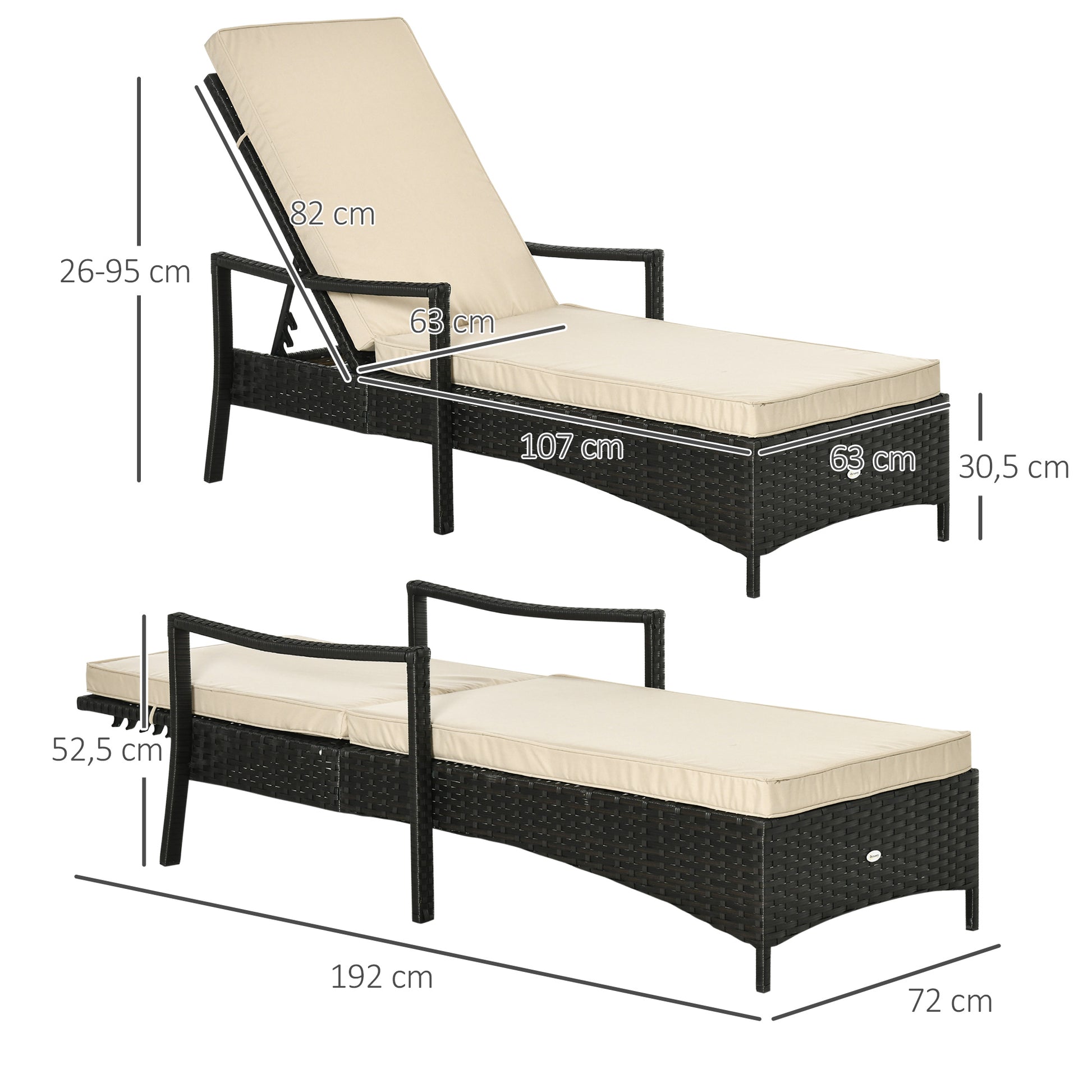 Outsunny Tumbona de Ratán de Jardín Chaise Longue con Respaldo Ajustable en 4 Posiciones Cojines Acolchados y Desenfundables para Terraza Patio Exterior 192x72x58-95 cm Marrón y Beige