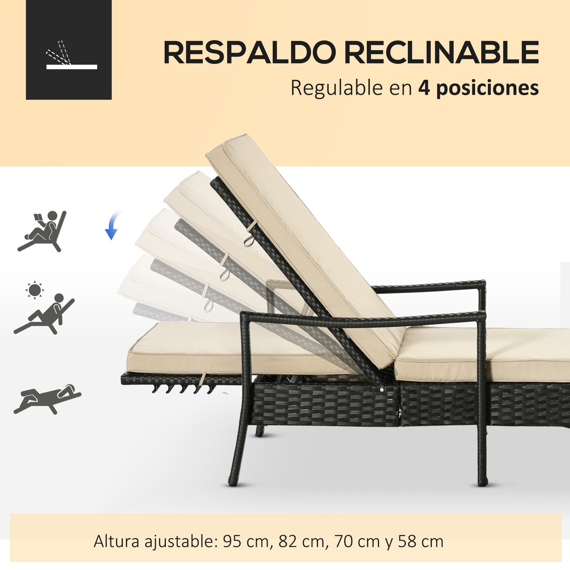 Outsunny Tumbona de Ratán de Jardín Chaise Longue con Respaldo Ajustable en 4 Posiciones Cojines Acolchados y Desenfundables para Terraza Patio Exterior 192x72x58-95 cm Marrón y Beige