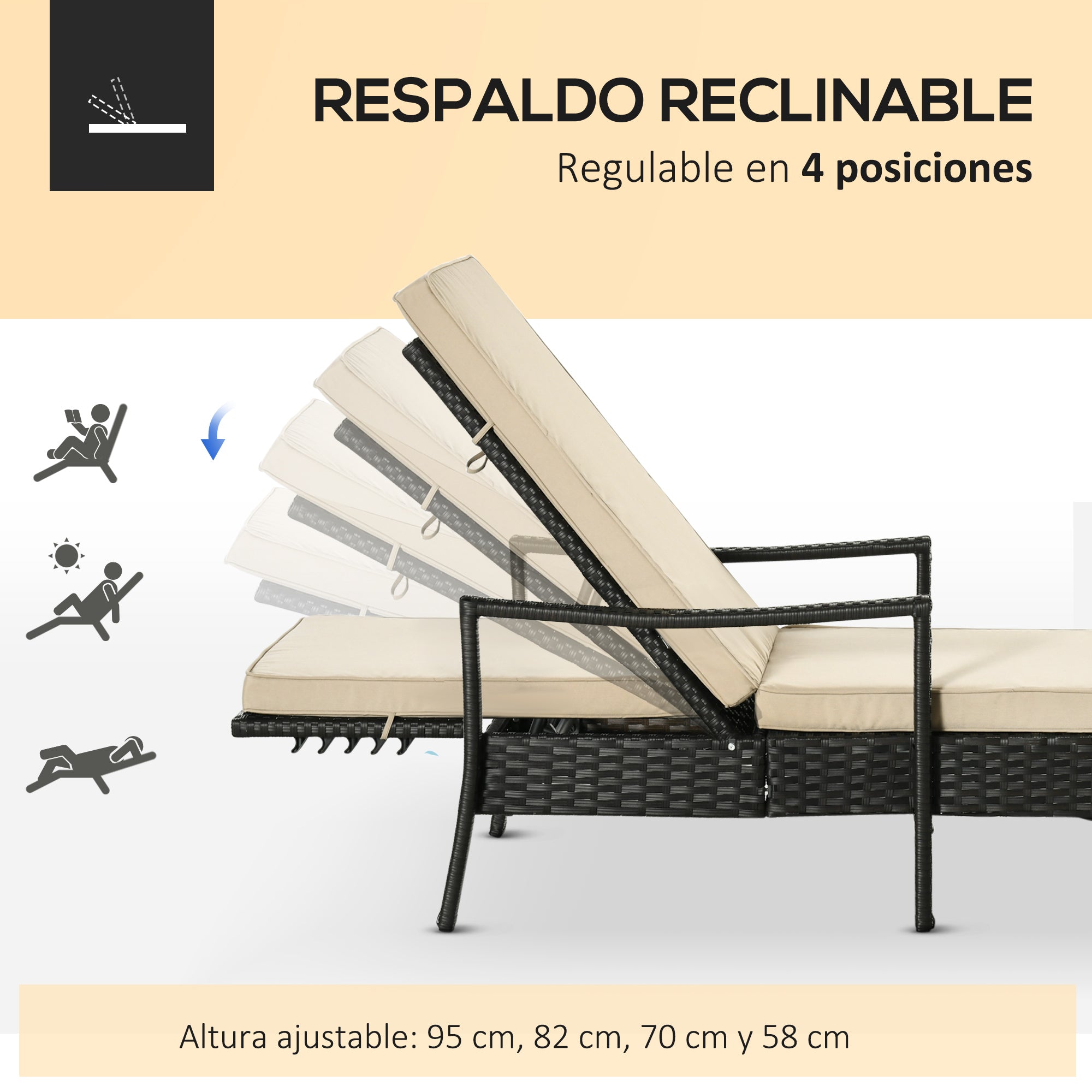 Outsunny Tumbona de Ratán de Jardín Chaise Longue con Respaldo Ajustable en 4 Posiciones Cojines Acolchados y Desenfundables para Terraza Patio Exterior 192x72x58-95 cm Marrón y Beige