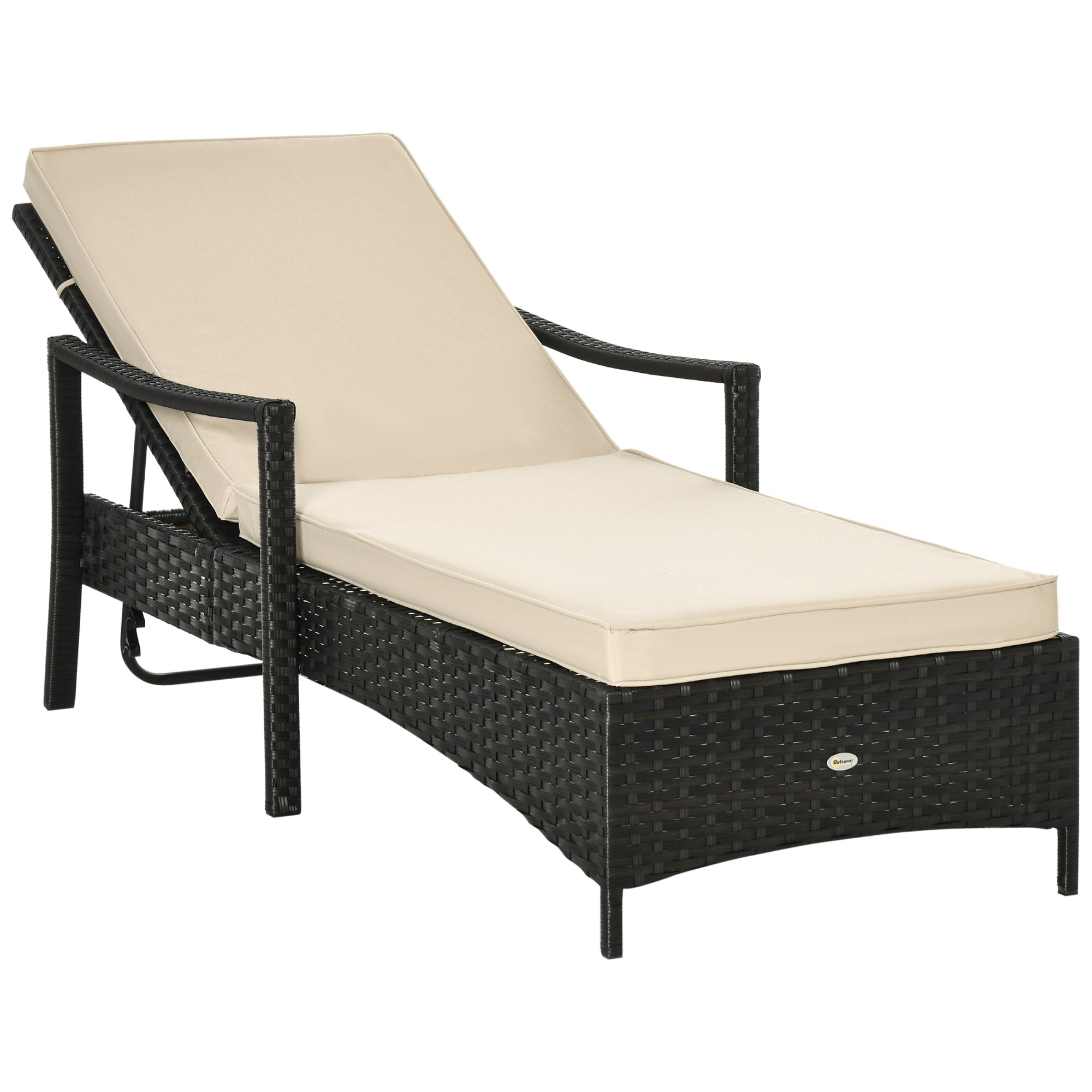 Outsunny Tumbona de Ratán de Jardín Chaise Longue con Respaldo Ajustable en 4 Posiciones Cojines Acolchados y Desenfundables para Terraza Patio Exterior 192x72x58-95 cm Marrón y Beige