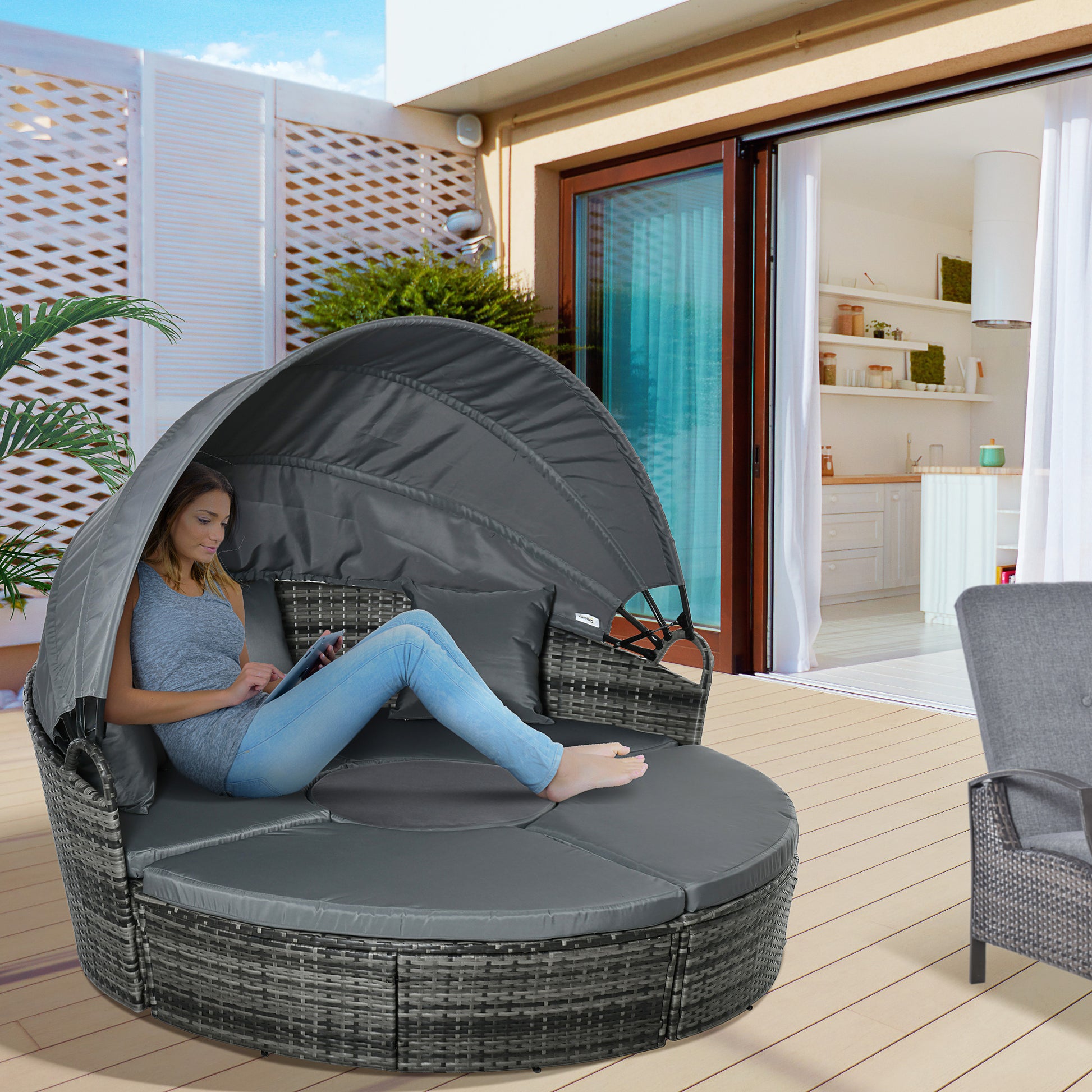 Outsunny Isla de Ratán Modular para Exterior 5 Piezas Tumbona Redonda con Toldo Plegable Cojines Extraíbles Lavables y 3 Almohadas Marco de Metal 175x180x147 cm Gris