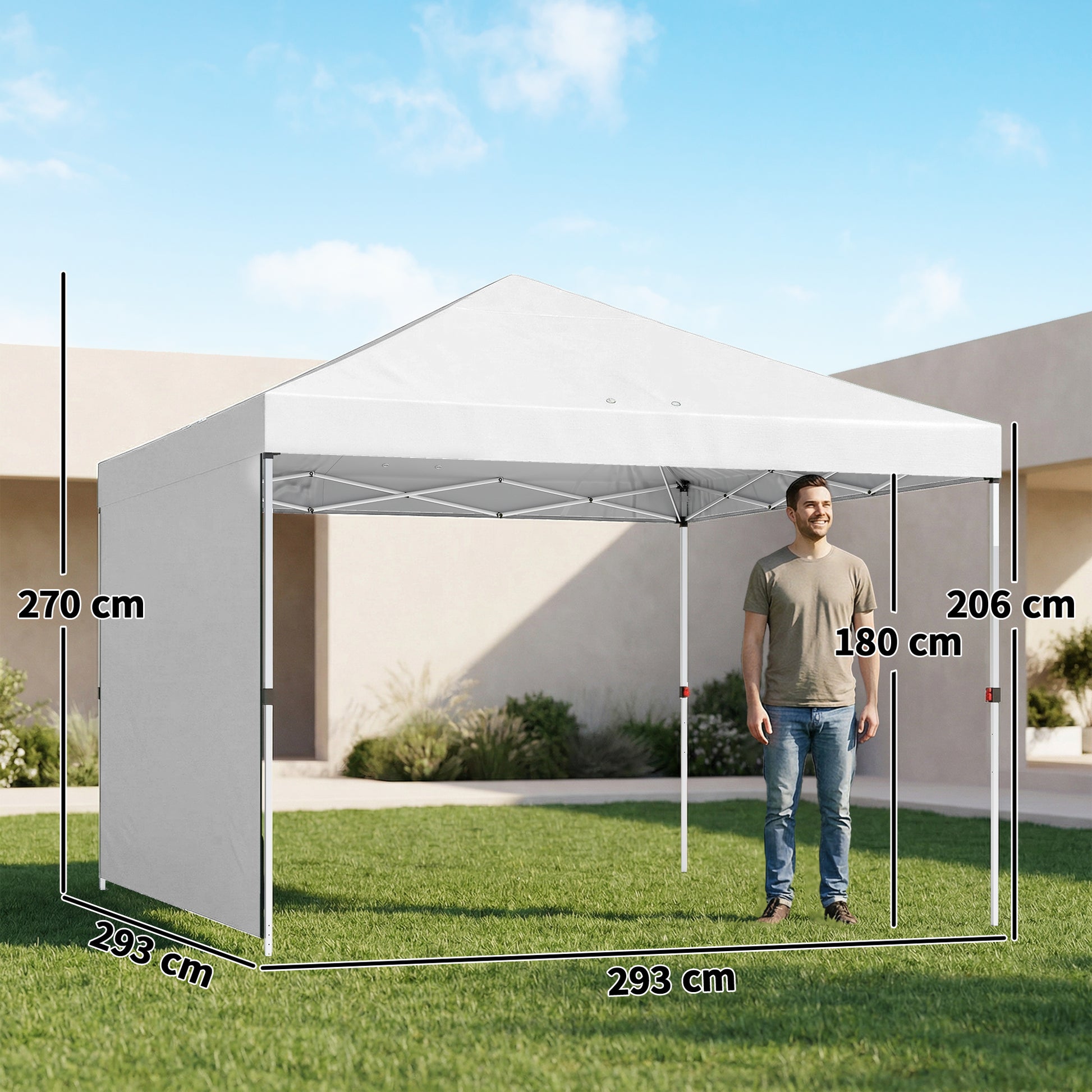 Outsunny Carpa Plegable 3x3 m, Pop-up, con Pared Lateral, Cenador de Jardín con Protección UPF50+, Empuje Central, Altura Ajustable, Bolsa de Transporte, Gazebo para Camping, Exterior, Blanco