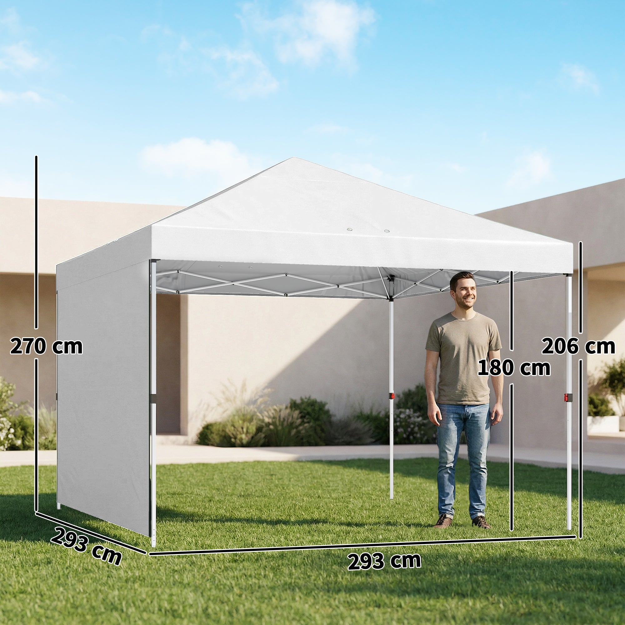 Outsunny Carpa Plegable 3x3 m, Pop-up, con Pared Lateral, Cenador de Jardín con Protección UPF50+, Empuje Central, Altura Ajustable, Bolsa de Transporte, Gazebo para Camping, Exterior, Blanco
