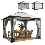 Outsunny Cenador para Jardín 3x3,6 m, Pabellón de Jardín Gazebo con Doble Techo, 4 Paredes Laterales y Mosquitera, Estructura Metálica, Drenaje, Carpa para Exterior, Terraza, Patio, Gris Claro