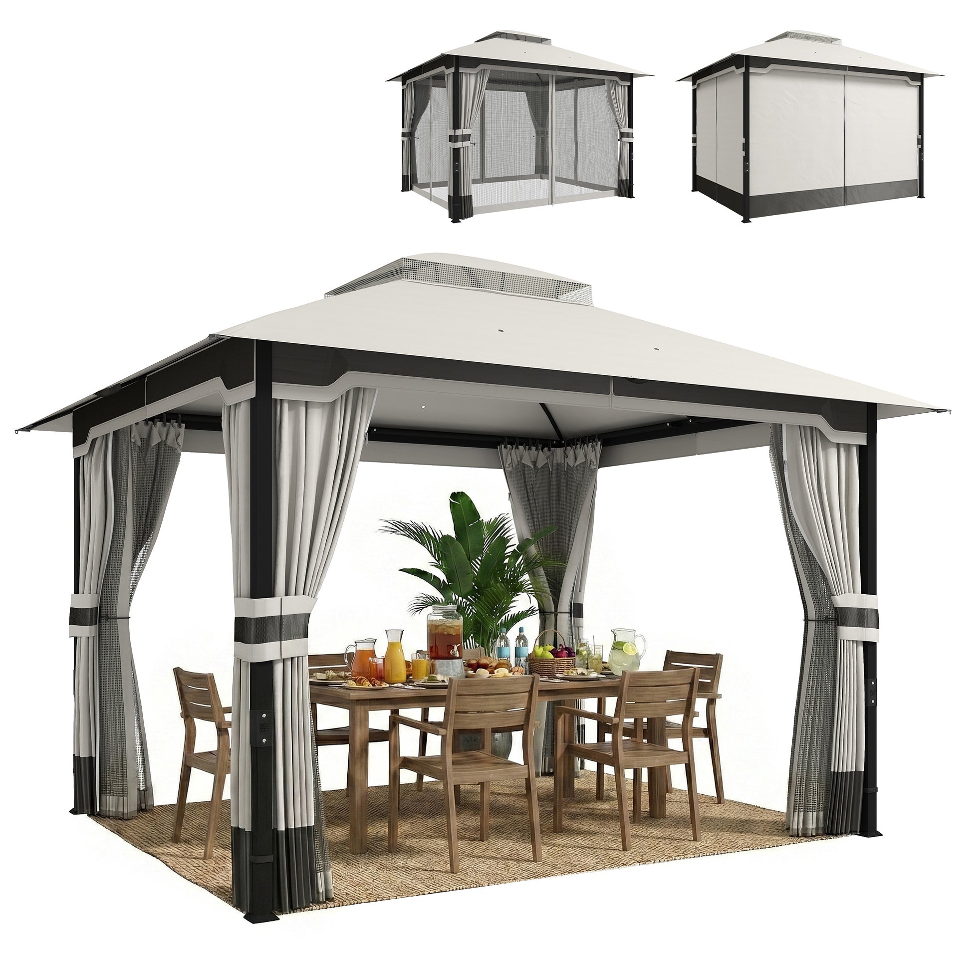 Outsunny Cenador para Jardín 3x3,6 m, Pabellón de Jardín Gazebo con Doble Techo, 4 Paredes Laterales y Mosquitera, Estructura Metálica, Drenaje, Carpa para Exterior, Terraza, Patio, Gris Claro