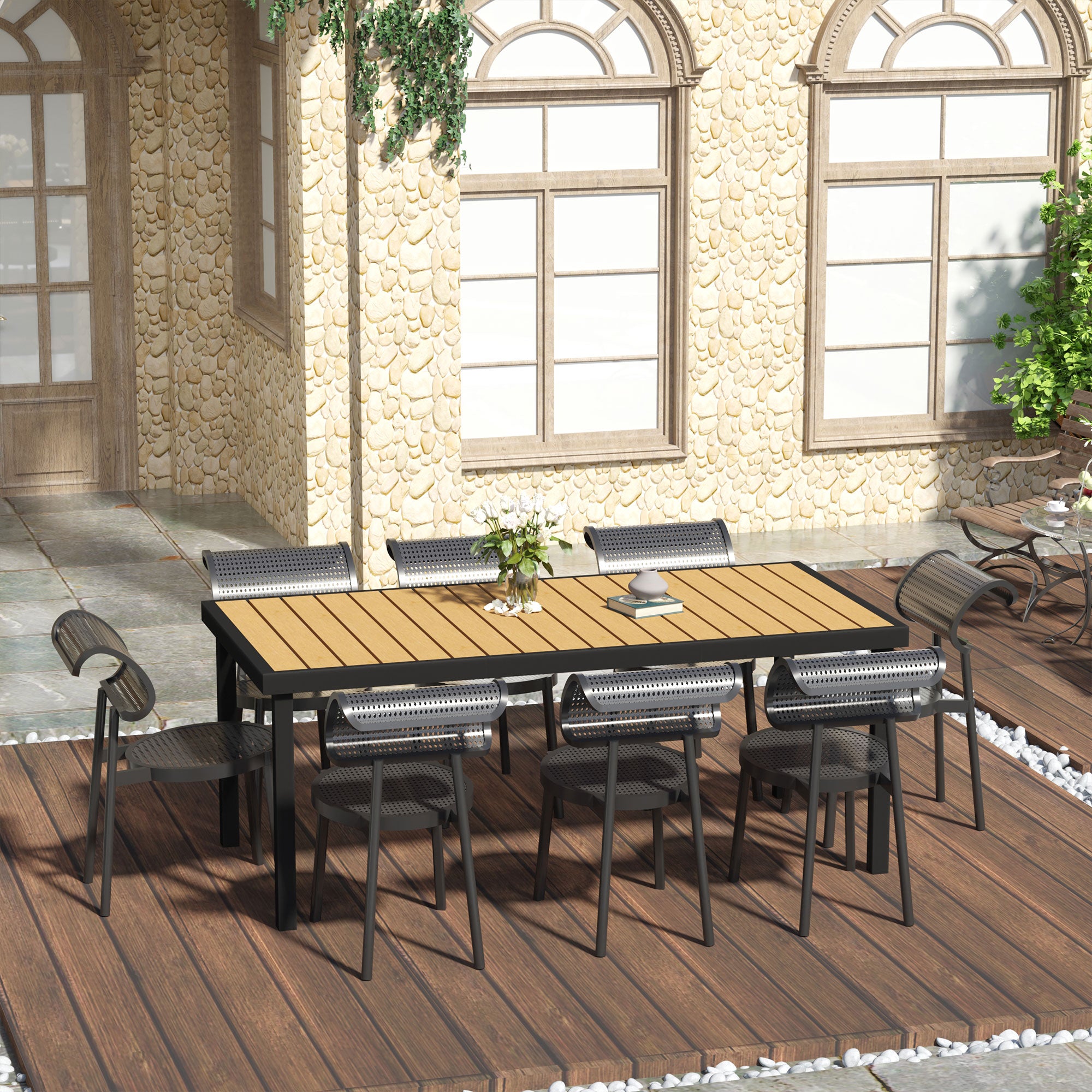 Outsunny Mesa de Comedor Exterior de Aluminio Mesa de Jardín Exterior para 8 Personas con Encimera de Listones para Terraza Balcón 190x90x74 cm Natural y Negro