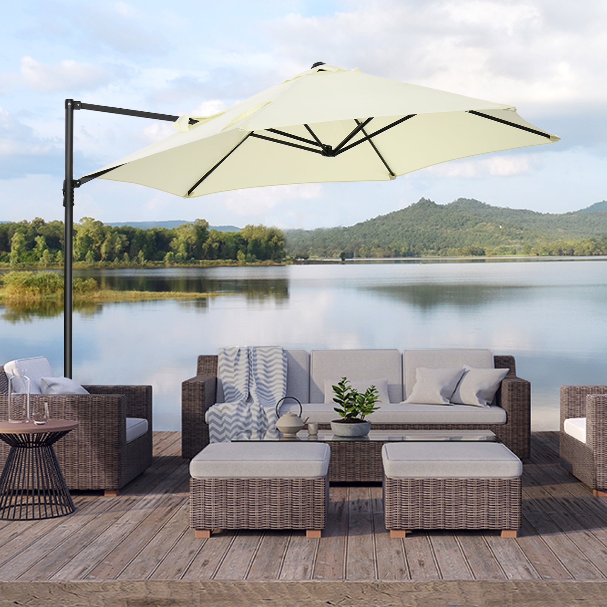 Outsunny Sombrilla de Jardín Ø256x245 cm Parasol Excéntrico Rotación de 360° con Apertura Manual y Base Cruzada para Patio Terraza Exterior Beige
