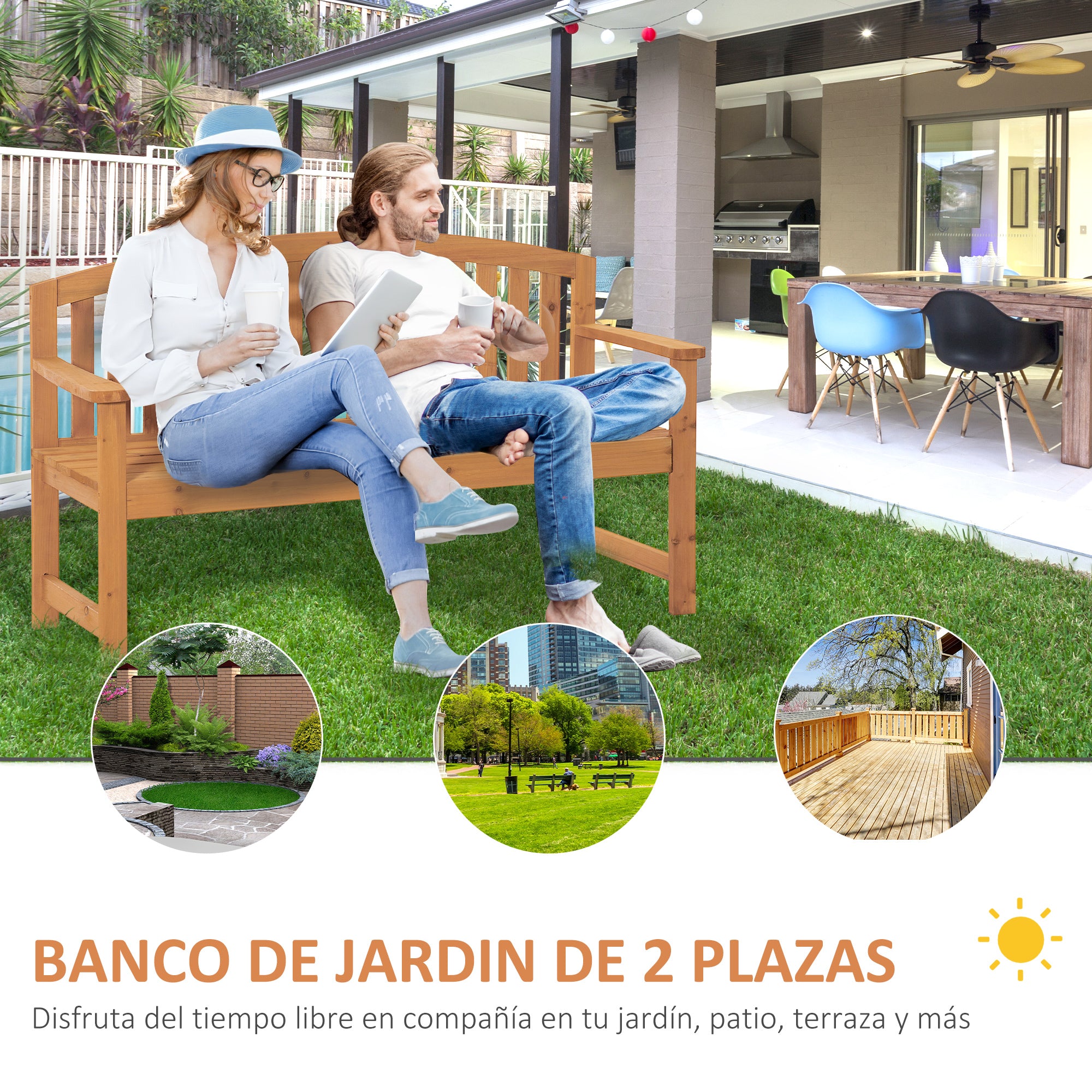 Outsunny Banco de Jardín de 2 Plazas Banco Listones de Madera con Respaldo y Reposabrazos para Terraza Balcón Patio Exterior Carga 320 kg 140x50x85 cm Natural