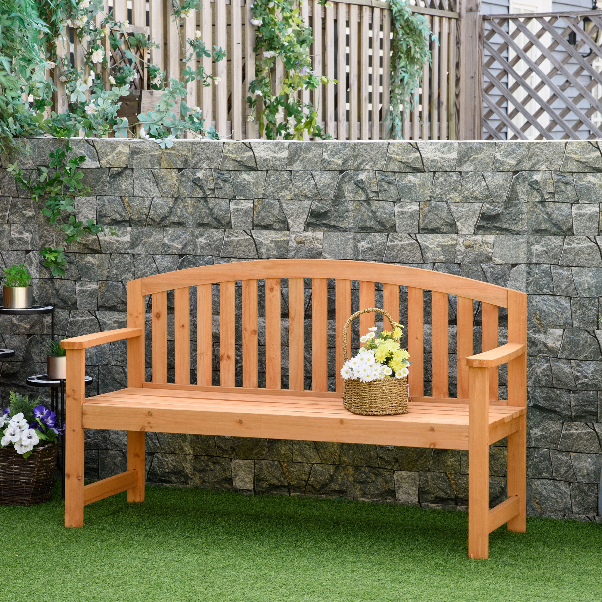 Outsunny Banco de Jardín de 2 Plazas Banco Listones de Madera con Respaldo y Reposabrazos para Terraza Balcón Patio Exterior Carga 320 kg 140x50x85 cm Natural