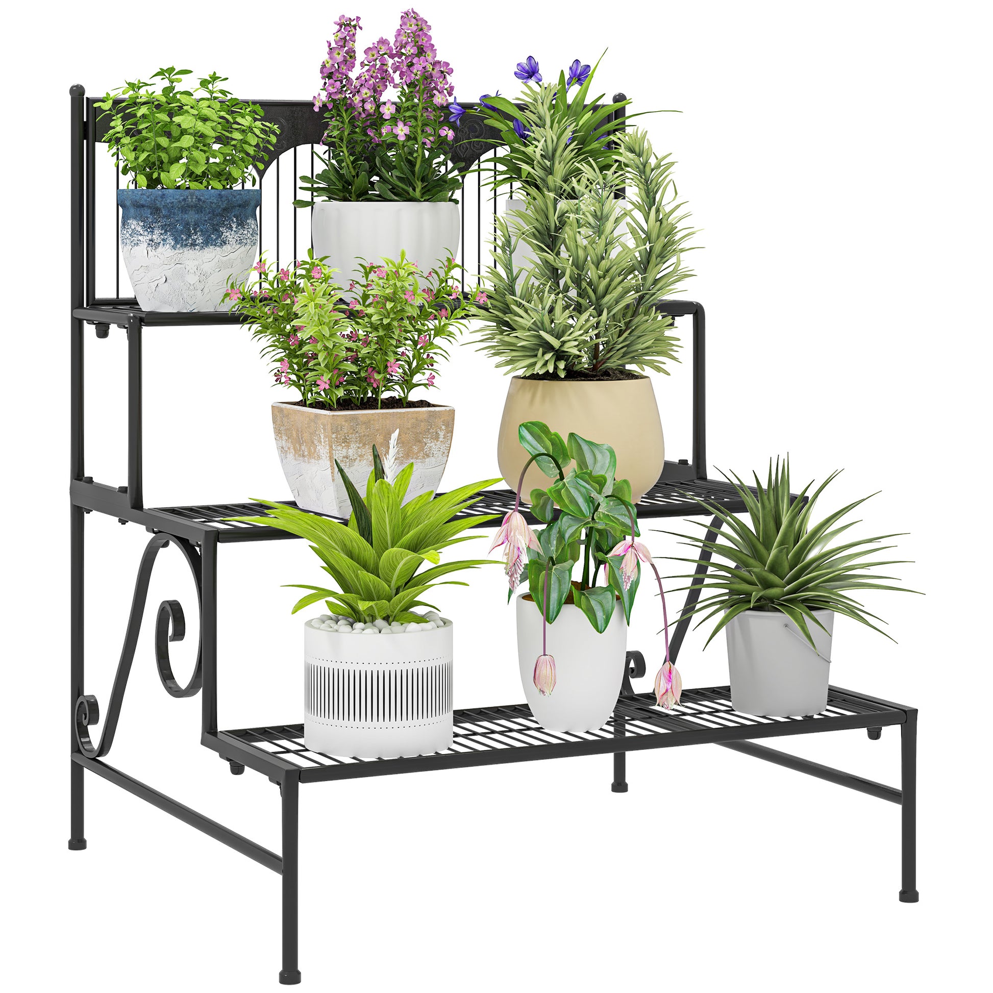 Outsunny Soporte para Plantas de 3 Niveles Estantería para Plantas para Esquina Diseño en Escalera Soporte para Macetas Interior y Exterior 73x66x85 cm Negro