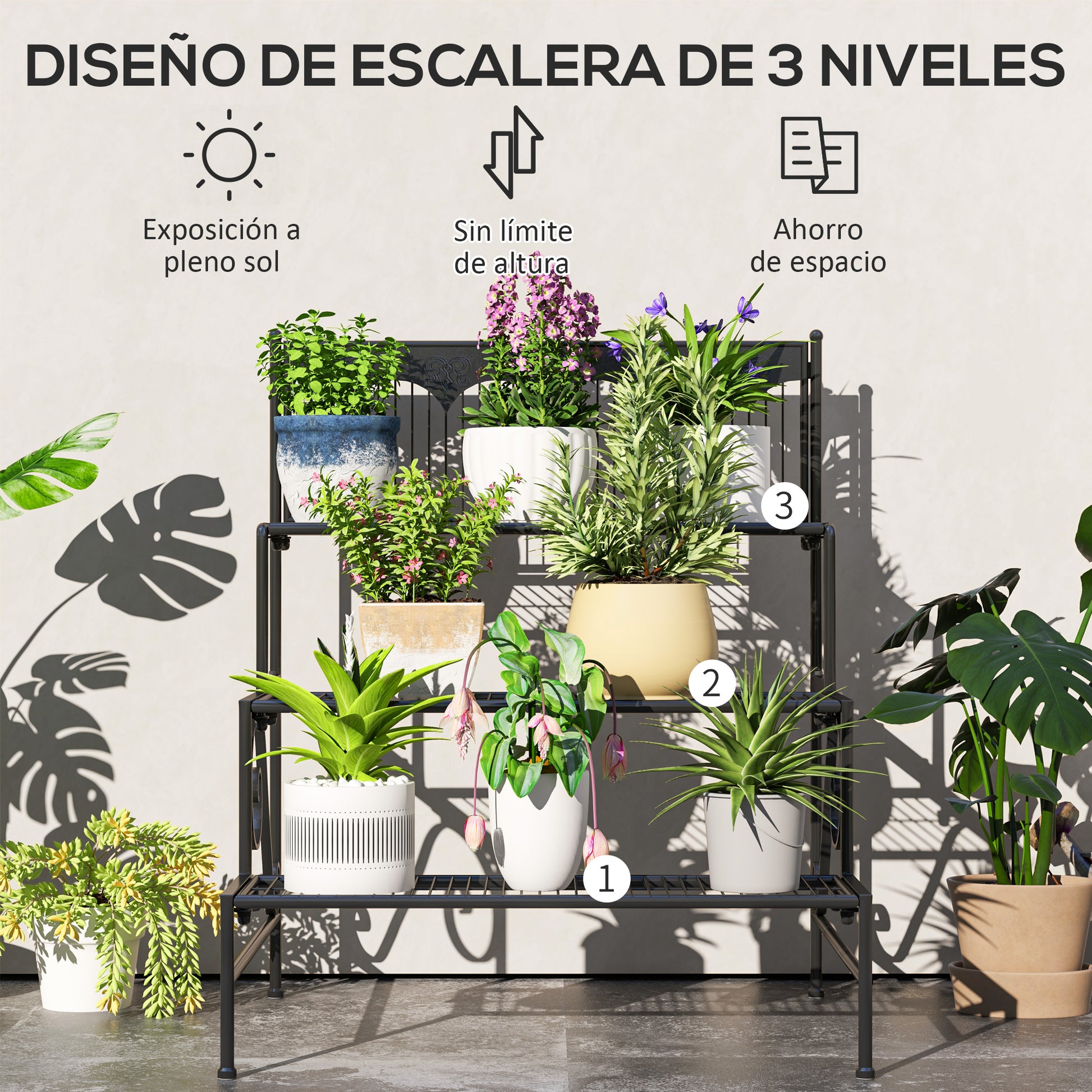 Outsunny Soporte para Plantas de 3 Niveles Estantería para Plantas para Esquina Diseño en Escalera Soporte para Macetas Interior y Exterior 73x66x85 cm Negro