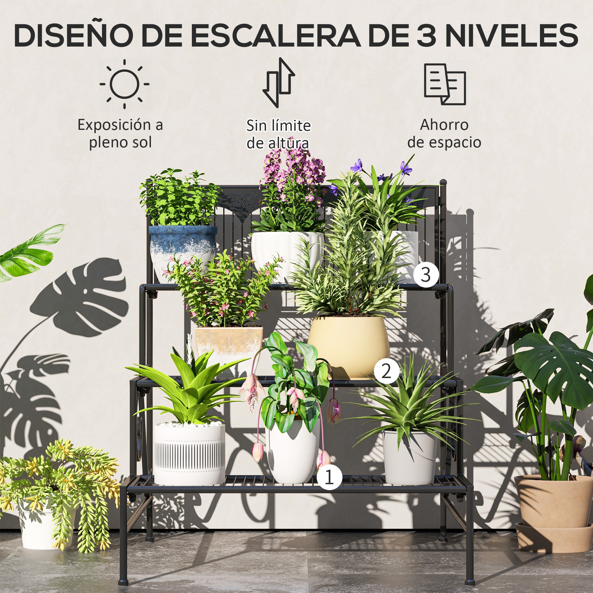 Outsunny Soporte para Plantas de 3 Niveles Estantería para Plantas para Esquina Diseño en Escalera Soporte para Macetas Interior y Exterior 73x66x85 cm Negro