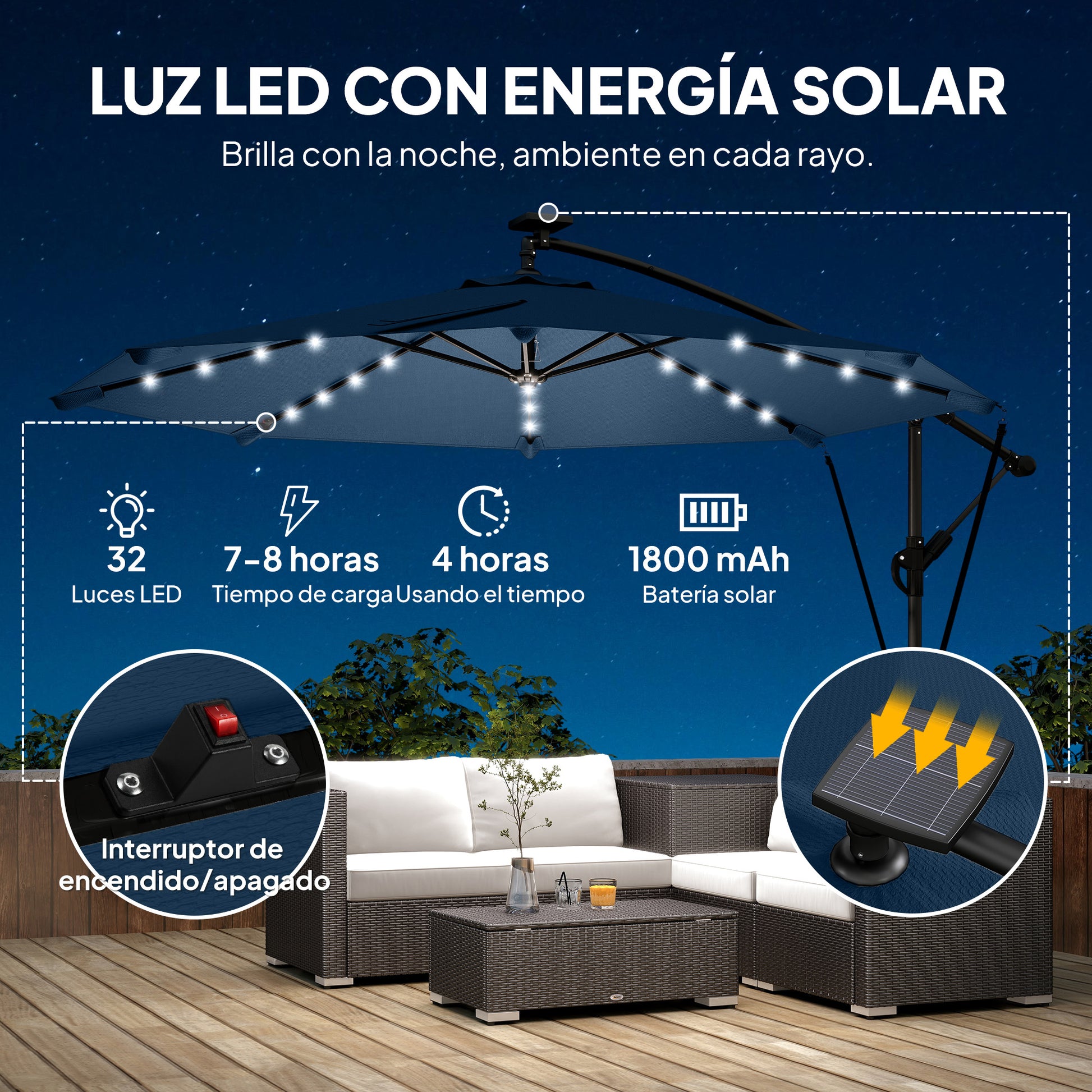 Outsunny Parasol Excéntrico con Luces LED Solares, Ø345 cm, Sombrilla de Jardín de Aluminio con Base Cruzada, Manivela, Funda Protectora, Cuerdas de Viento, UPF50+, para Terraza, Patio, Azul Marino