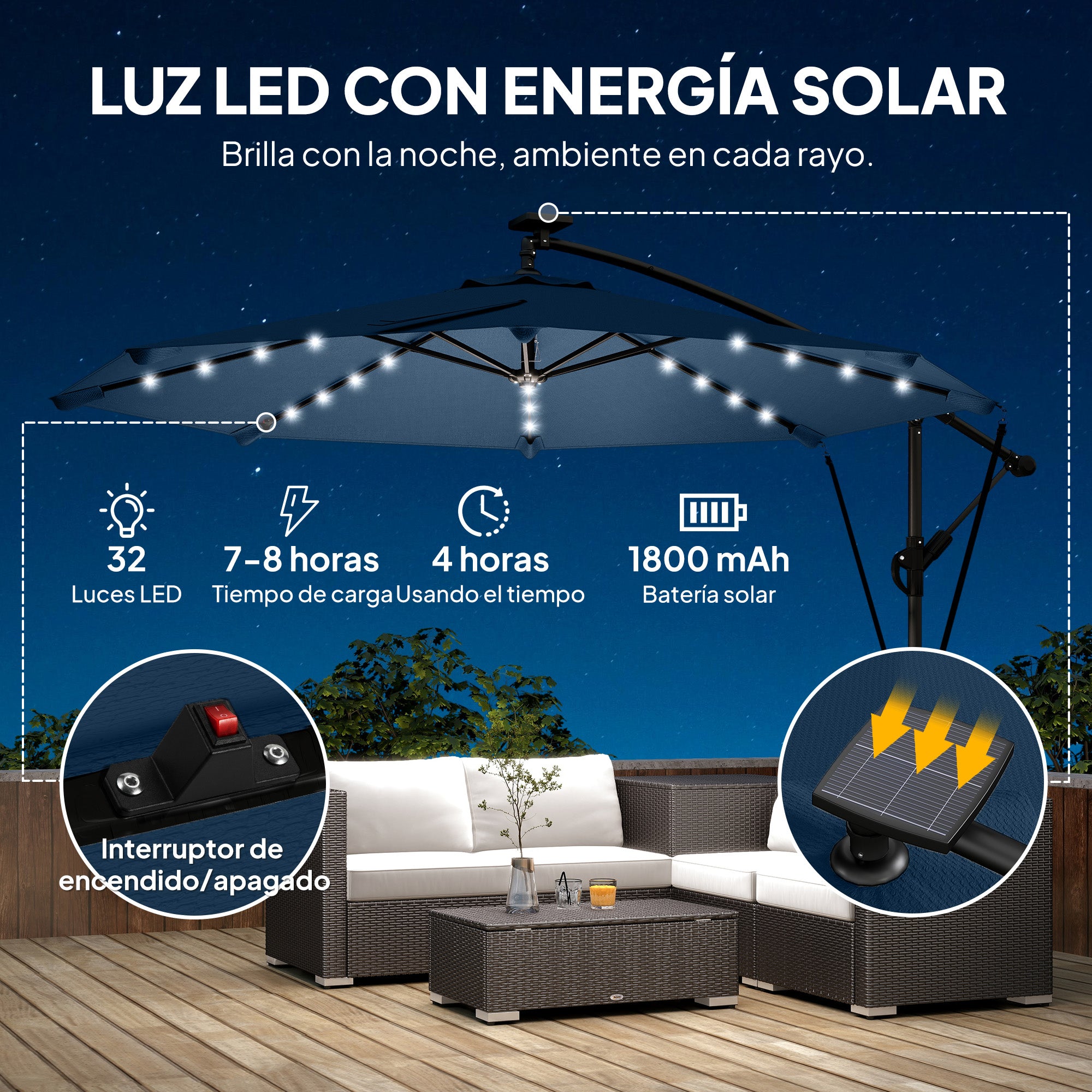 Outsunny Parasol Excéntrico con Luces LED Solares, Ø345 cm, Sombrilla de Jardín de Aluminio con Base Cruzada, Manivela, Funda Protectora, Cuerdas de Viento, UPF50+, para Terraza, Patio, Azul Marino